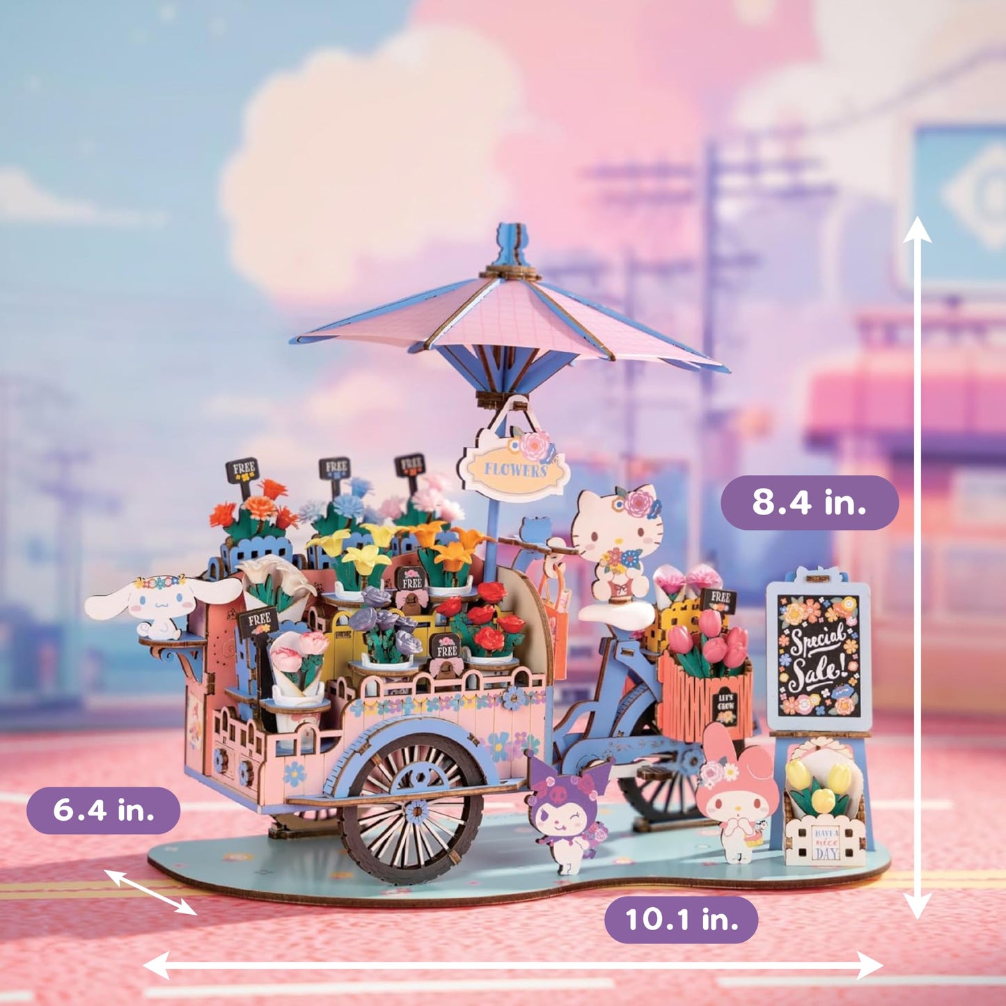 Hands Craft Hello Kitty And Friends Flower Cart 3D Wooden Puzzle Kit | DIY Floral Model | Arts & Crafts for Adults & Kids | Creative Hobby Kits | Hello Kitty Characters | Wood Building Set | Nice Gift