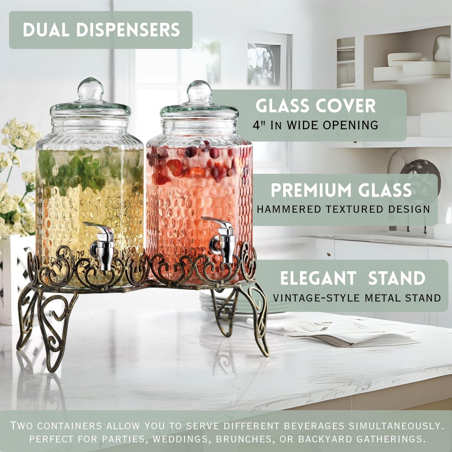 MosJos Glass Beverage Dispenser with Classy Metal Stand (Set of 2), 1.Gallon Glass Drink Dispenser with 100% Leak Proof Spigot, Party Drink Dispenser for Lemonade, Punch, Water, Juice for Parties