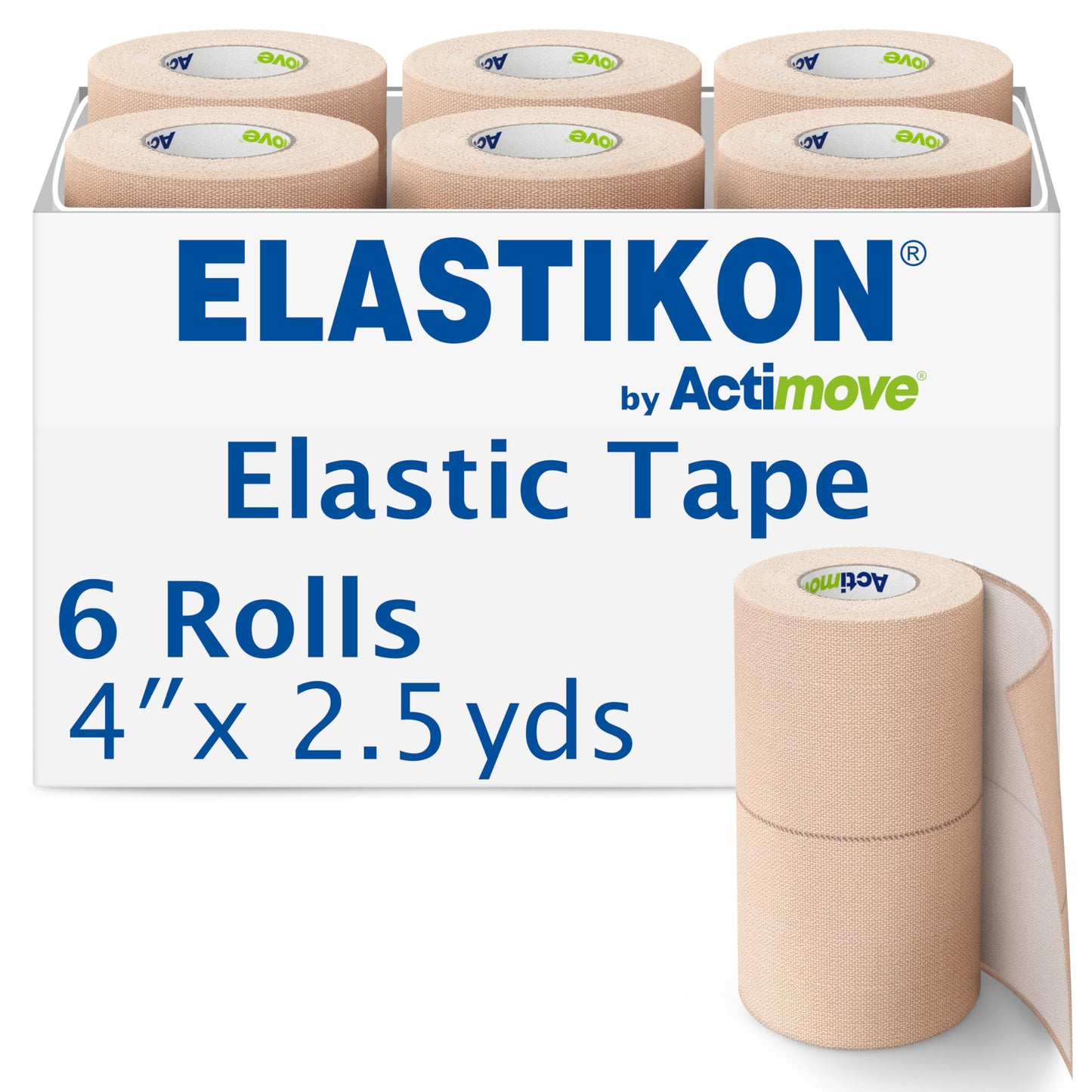 ELASTIKON by Actimove Soft Cotton Elastic Tape, Provides Mid-Level Compression and Support for Sprains, Strains, Muscle Injuries, Strong Adhesion - 4 in x 2.5 yd, 6 Rolls
