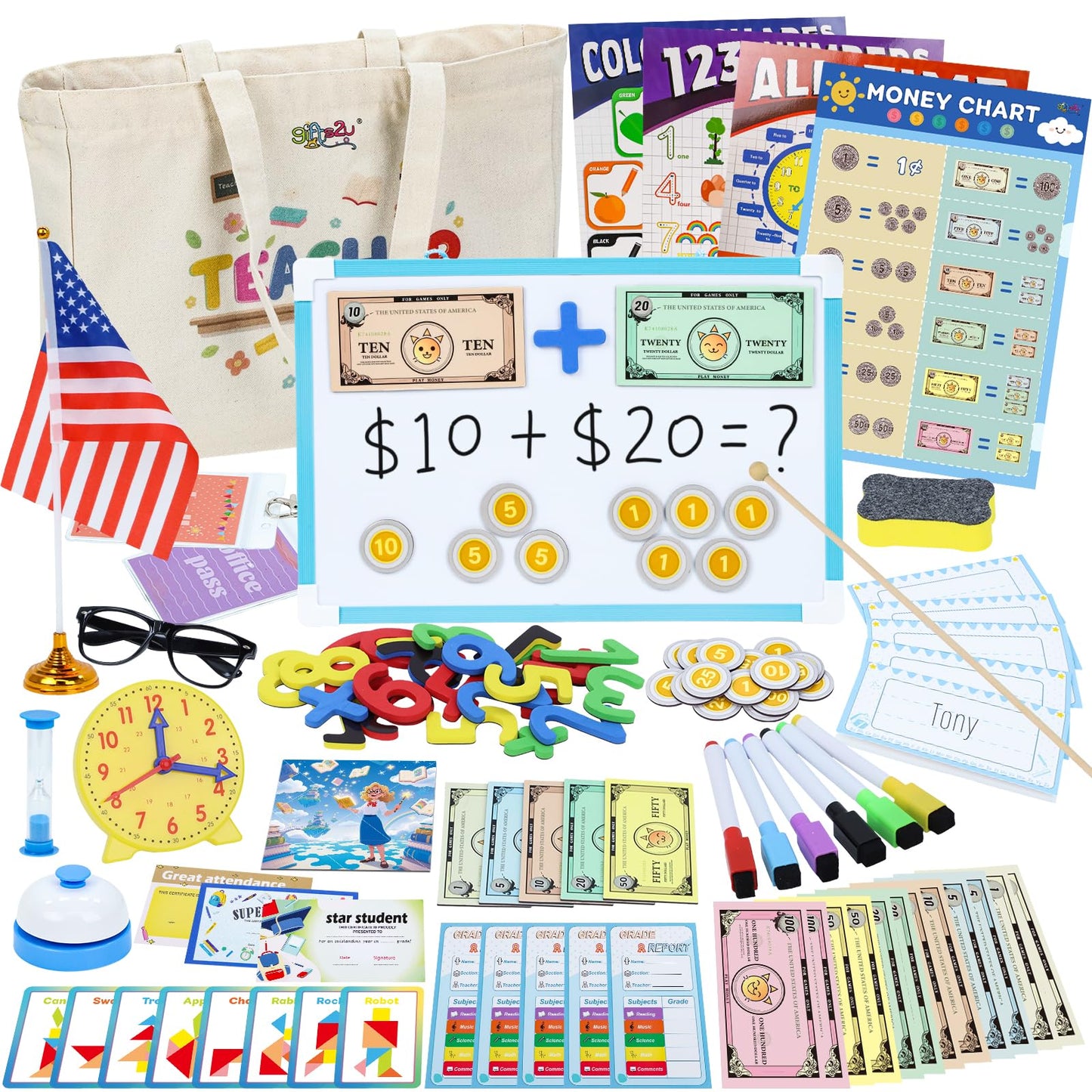 Gifts2U - Pretend Teacher Play Set for Kids, School Toys for Girls and Boys with Teacher Bag, Chalkboard, Play Money, Learning Clock, Educational Posters and
