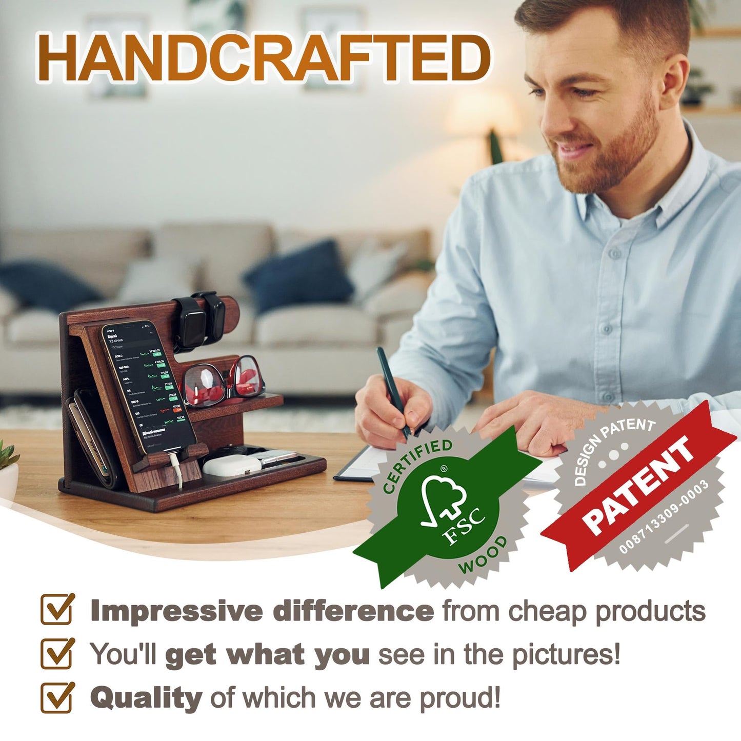 TESLYAR Wood Phone Docking Station - Nightstand Organizer - Desk Organizer for Husband - Birthday Gifts for Men, Dad - Idea for Anniversary from Wife - Key Holder - Stand Wallet & Watch (Deep Brown)