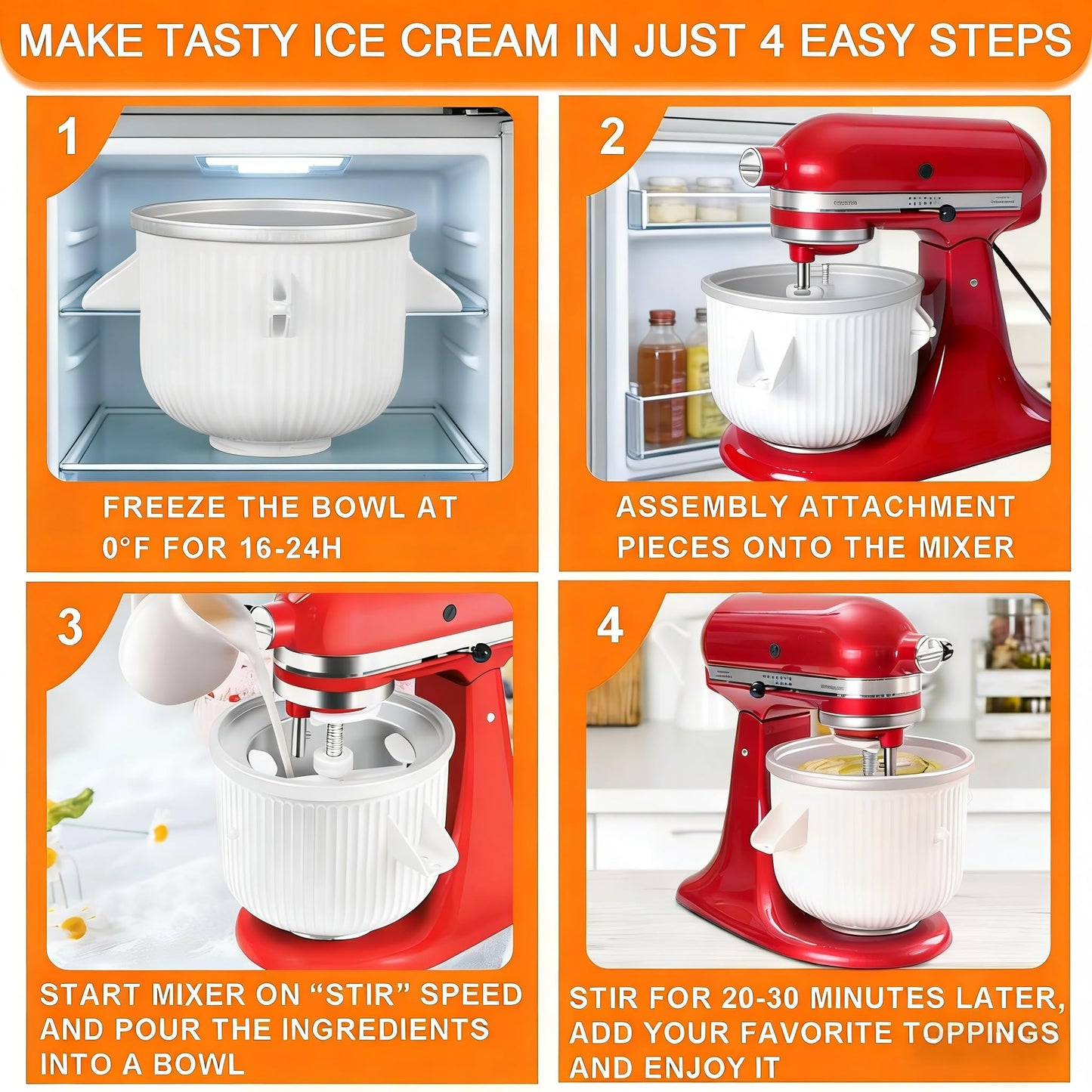 Ice Cream Maker Attachment for KitchenAid, Ice Cream Bowl Fits KitchenAid 4.5/5QT/ 6QT&7QT Mixers, Frozen Ice Cream & Sorbet Gelato Maker, 2 Quart, White