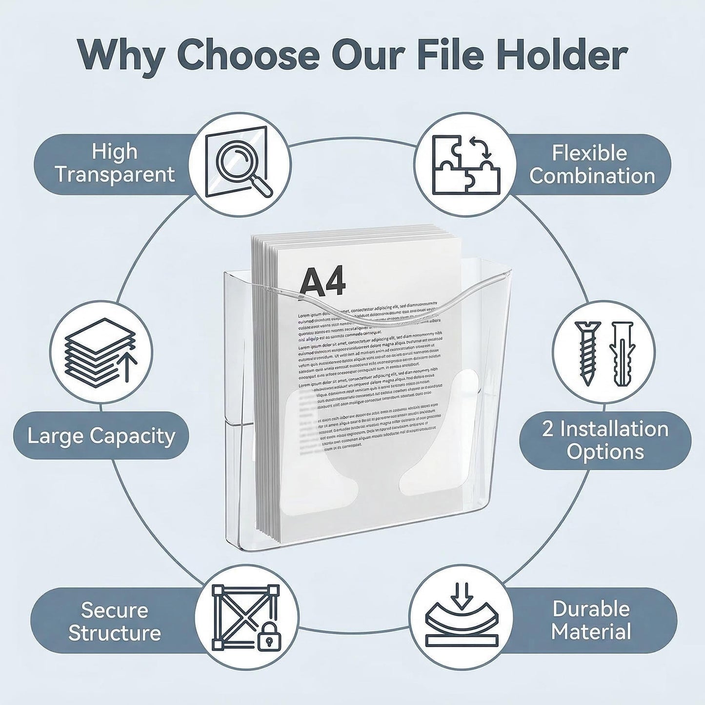 PAG 6-Pocket Clear Wall Mount File Organizer for Office, Vertical Hanging Document Paper Folder Holder for Home, Letter Size Mail Sorter, Transparent Magazine Literature Rack with Mounting Hardware