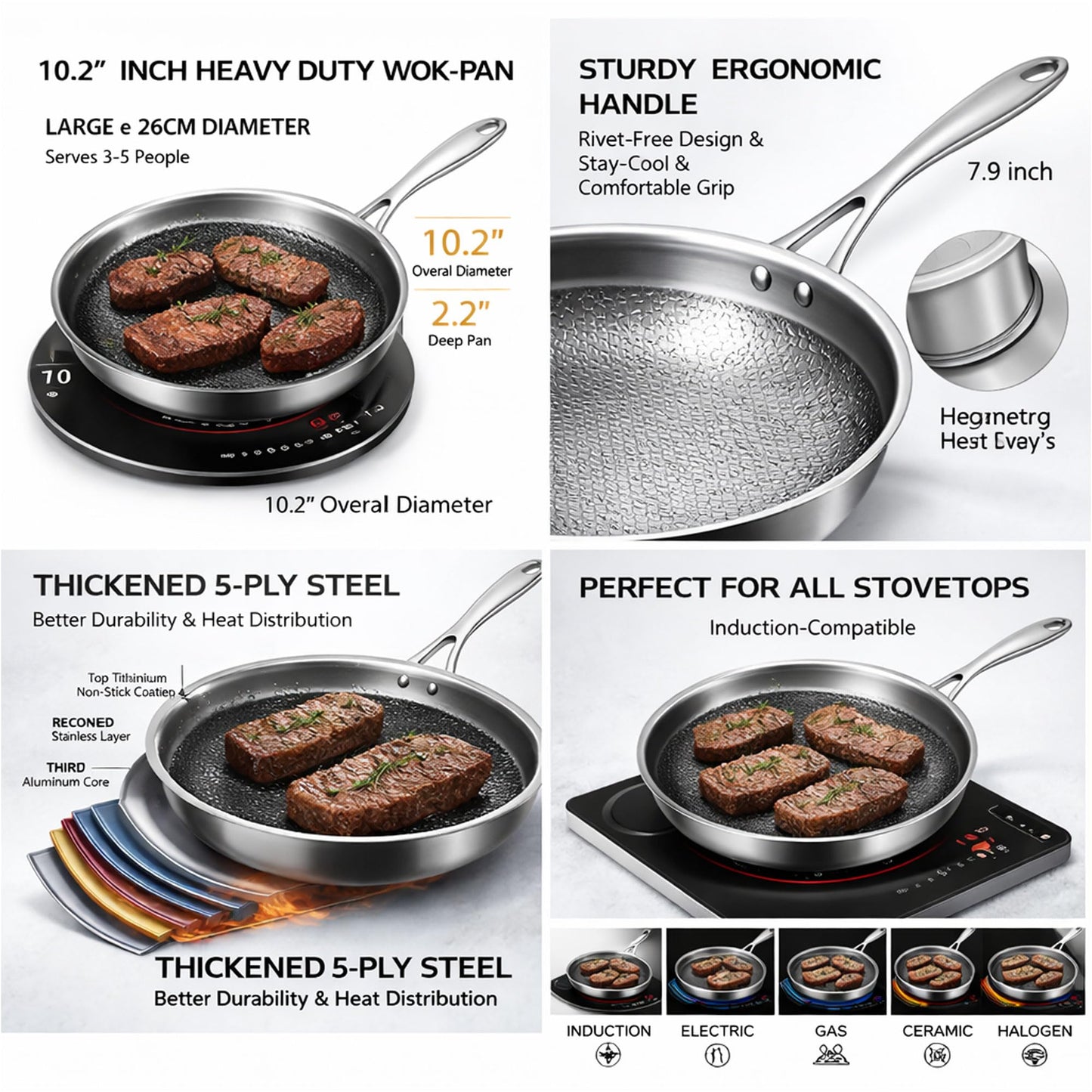 LIBSTP Pure Titanium Hammered Frying Pan with Lid, 10 Inch Skillet, No Coating Cookware, Even Heat, Scratch Resistant, Oven Safe, for Steak, Eggs, Salmon, Gas Electric Induction
