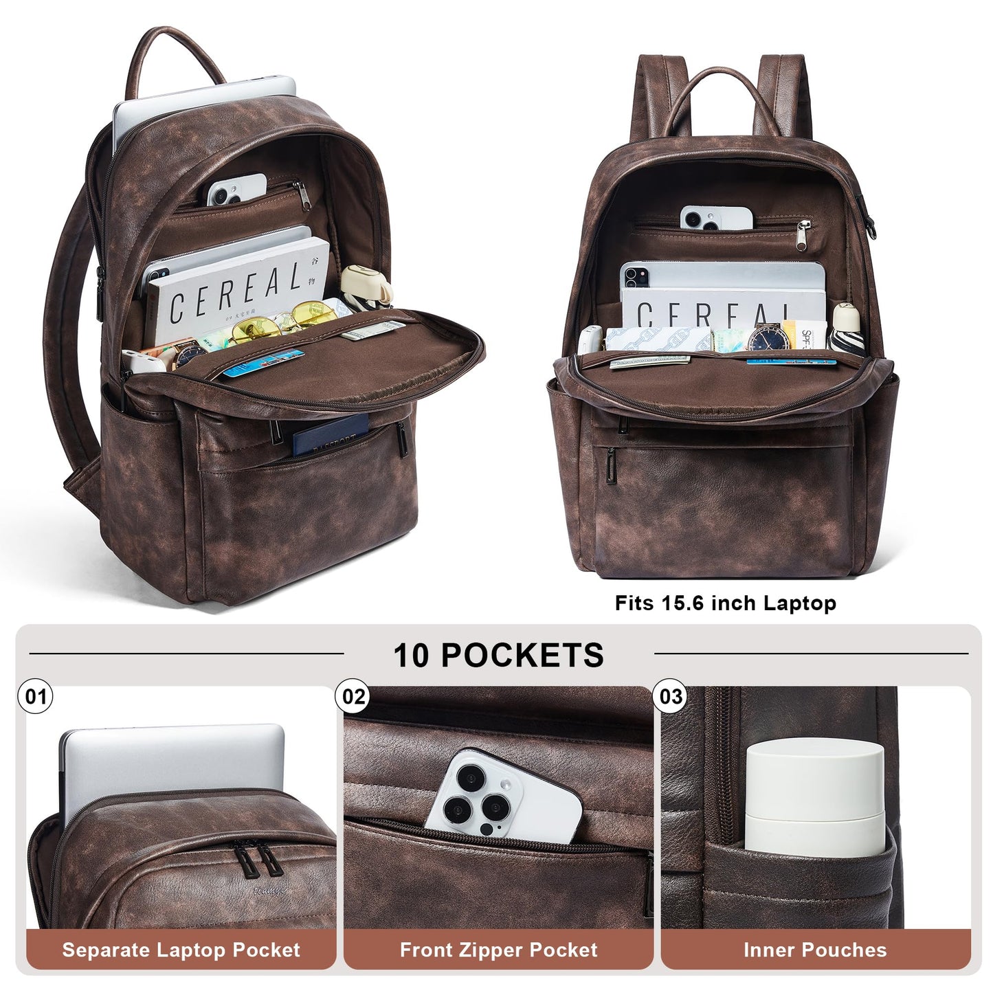 tiamyi Leather Backpack for Women Travel Back pack with 15.6 inch Laptop Compartment, Vintage Ladies Computer Backpack, Black