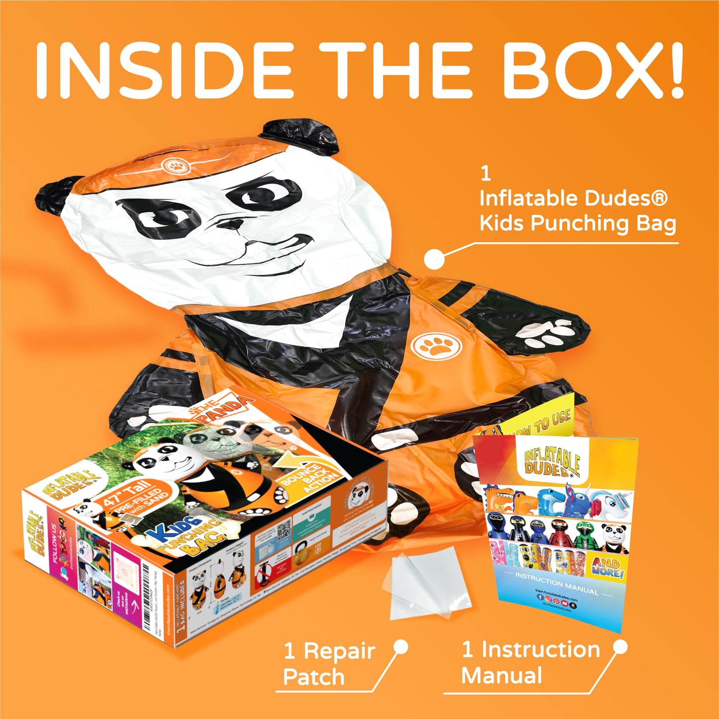 INFLATABLE DUDES Panda 47 Inches -Kids Punching Bag | Already Filled with Sand| Bop Bag | Premium Inflatable Toy | Party Games - Indoor Outdoor- | Bounce-Back Action | Punching Bag for Kids- (Bambam)