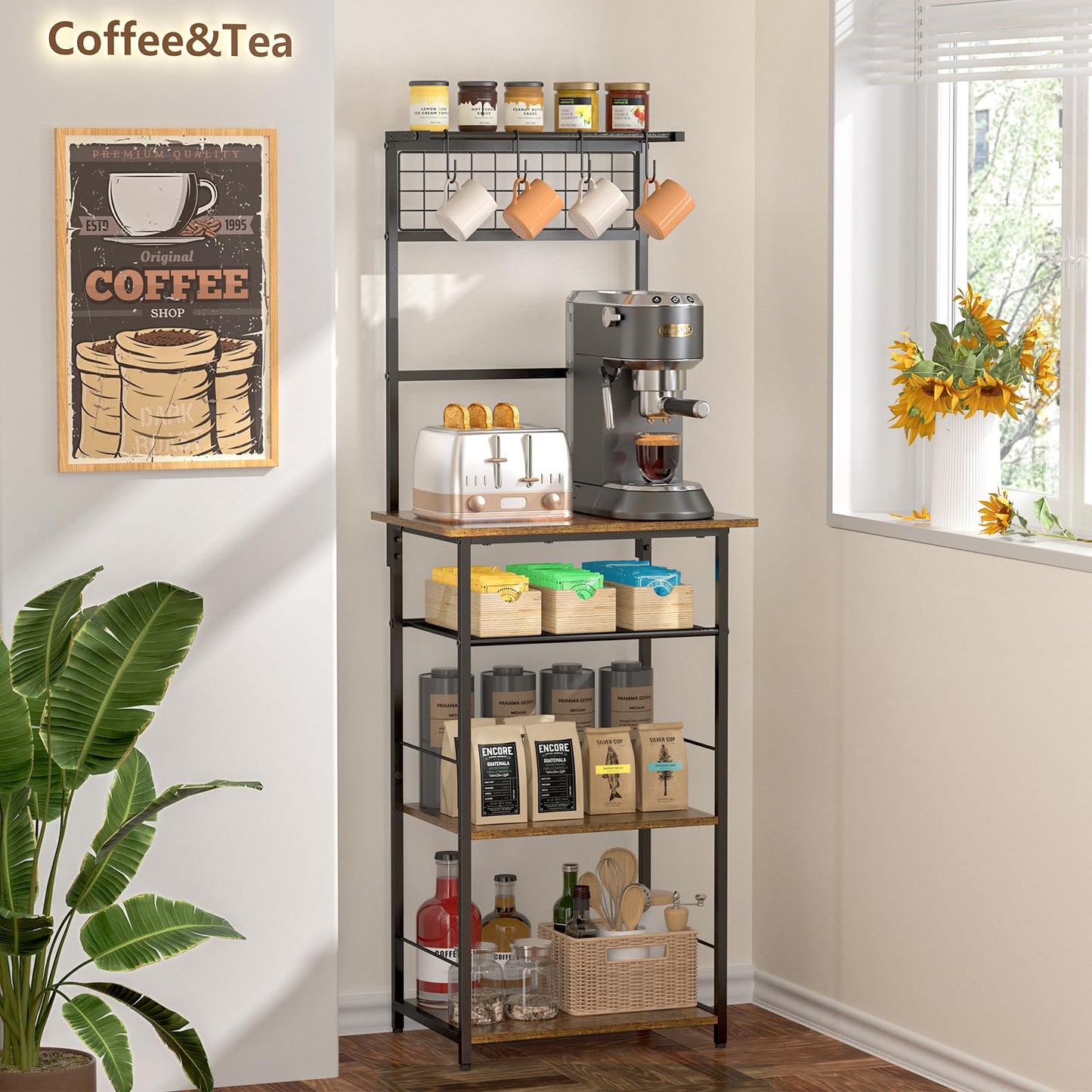 5 Tier Coffee Bar Station, Kitchen Stand with 4 S-Shaped Hooks, Farmhouse Corner Coffee Bar Cabinet for Small Spaces, Bakers Rack for Kitchen, Entryway, Living Room, 13.43" D x 18.93" W x 53.31" H