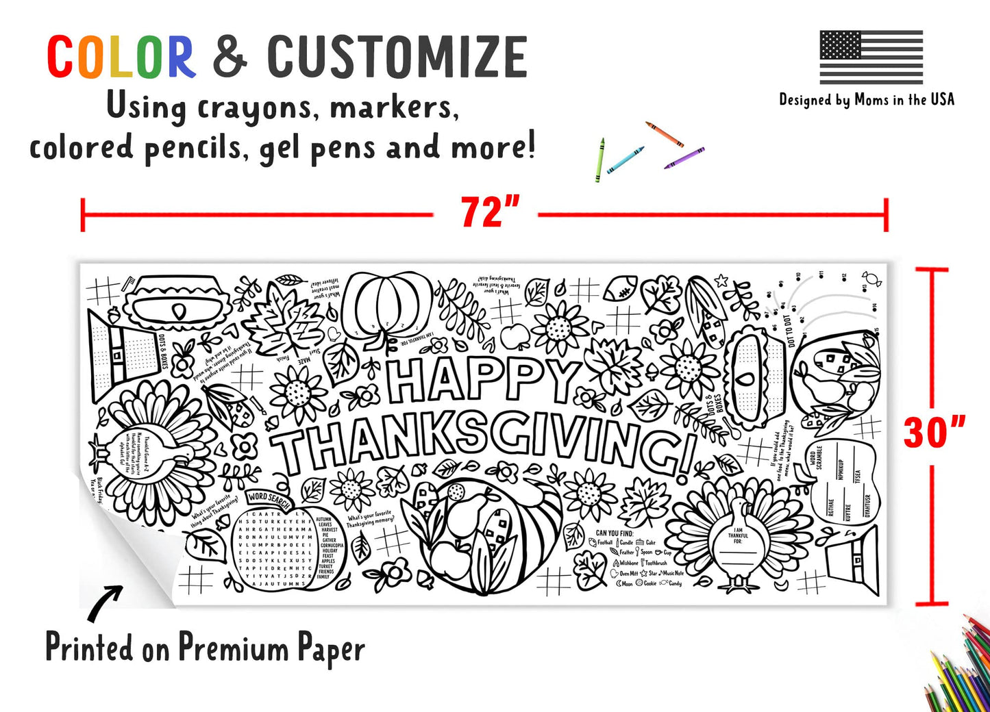 Tiny Expressions Happy Thanksgiving Coloring Banner for Kids - Rolled, No Creases 30" x 72" Giant Coloring Table Cloth - Thanksgiving Crafts for Kids