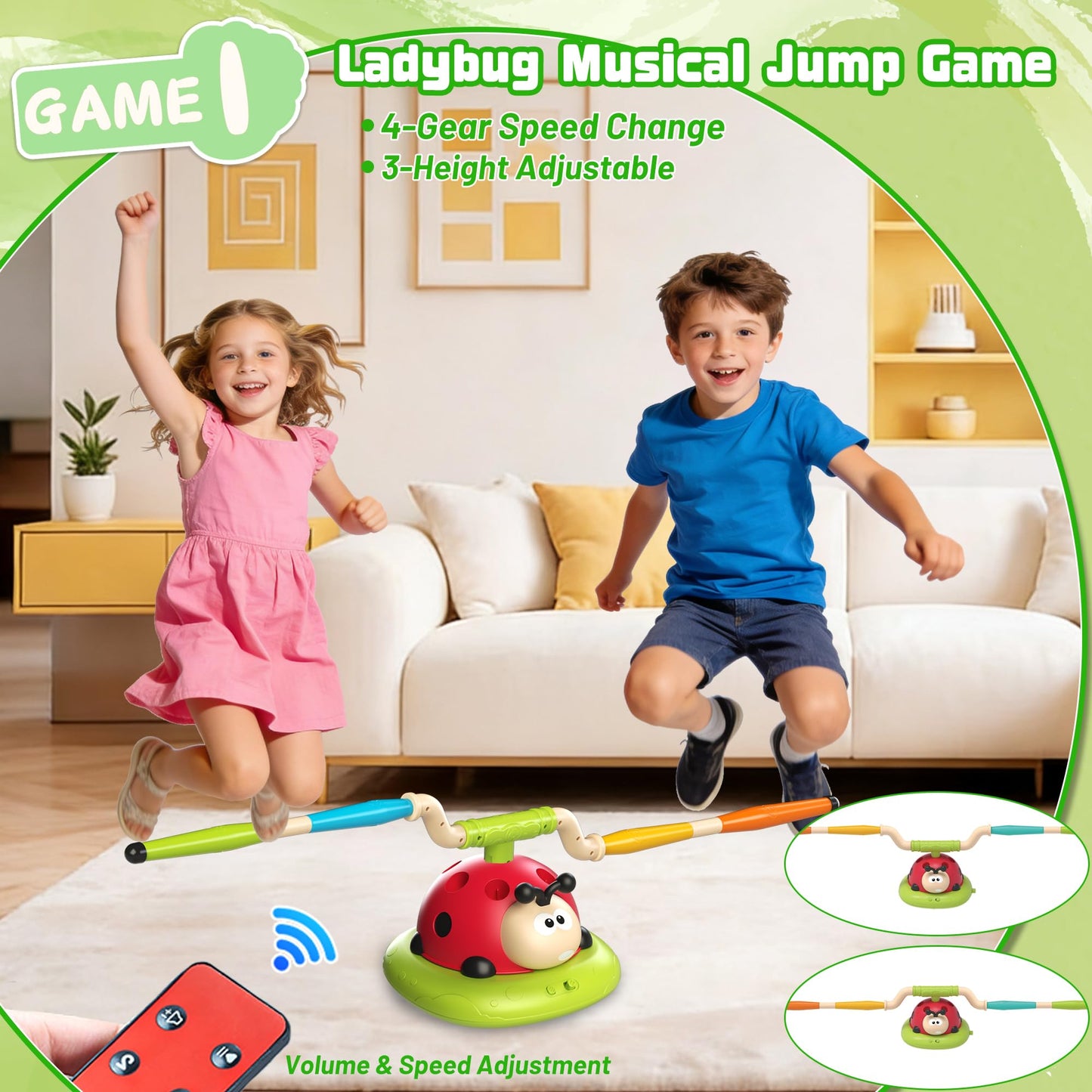 5 in 1 Musical Jump, Bean Bag Toss Ring Set, Baseball Toys and Rocket Launcher for Kids, Remote Control Indoor Outdoor Sports Toys for Kids 4-8