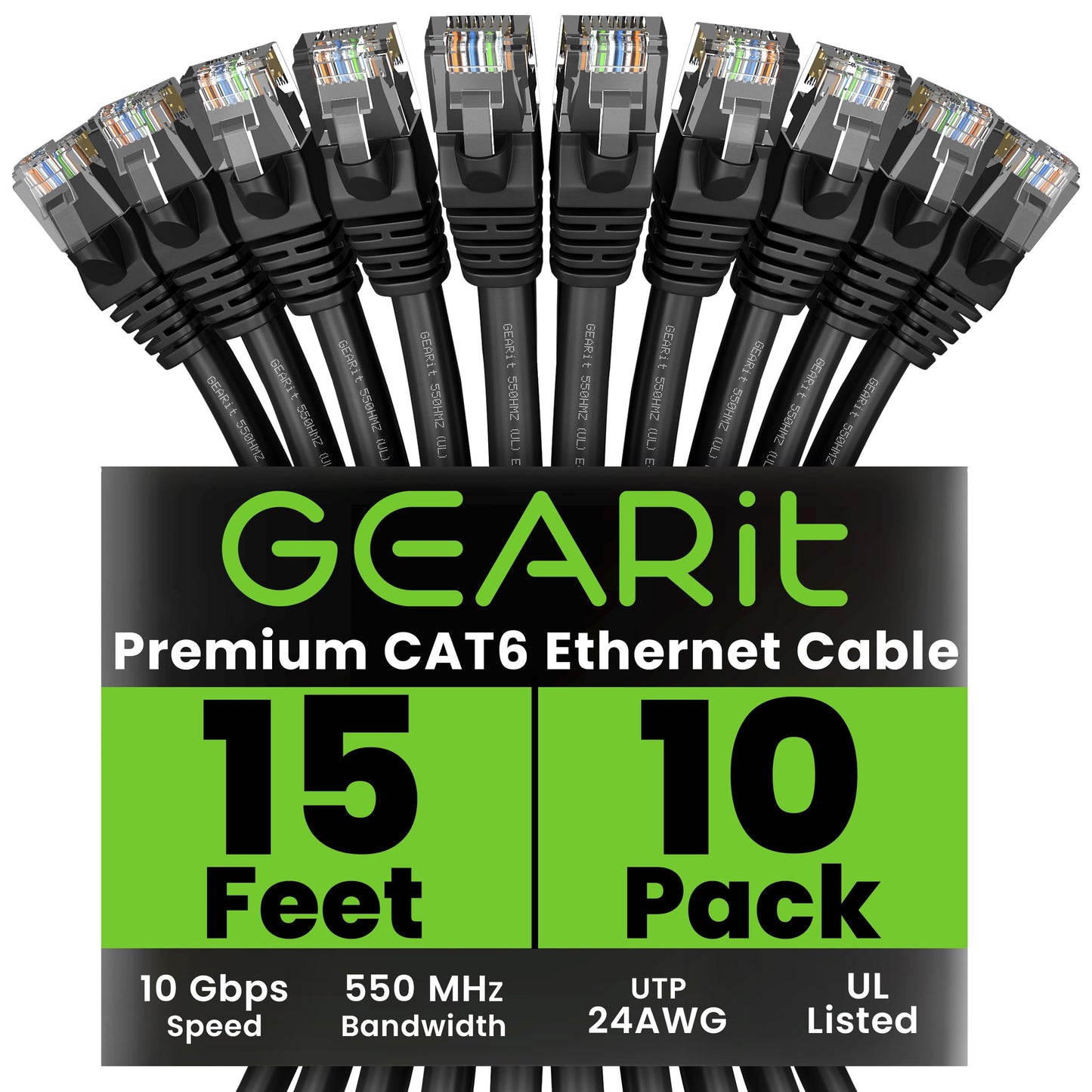 GEARit Cat 6 Ethernet Cable (10-Pack 15 Feet) Cat6 Network Patch, 10Gbps, RJ45, Snagless Cord, Gold-Plated Connectors, Internet for PC, TV, Tablet, Router, Printer, Servers, IT Data Center - Black