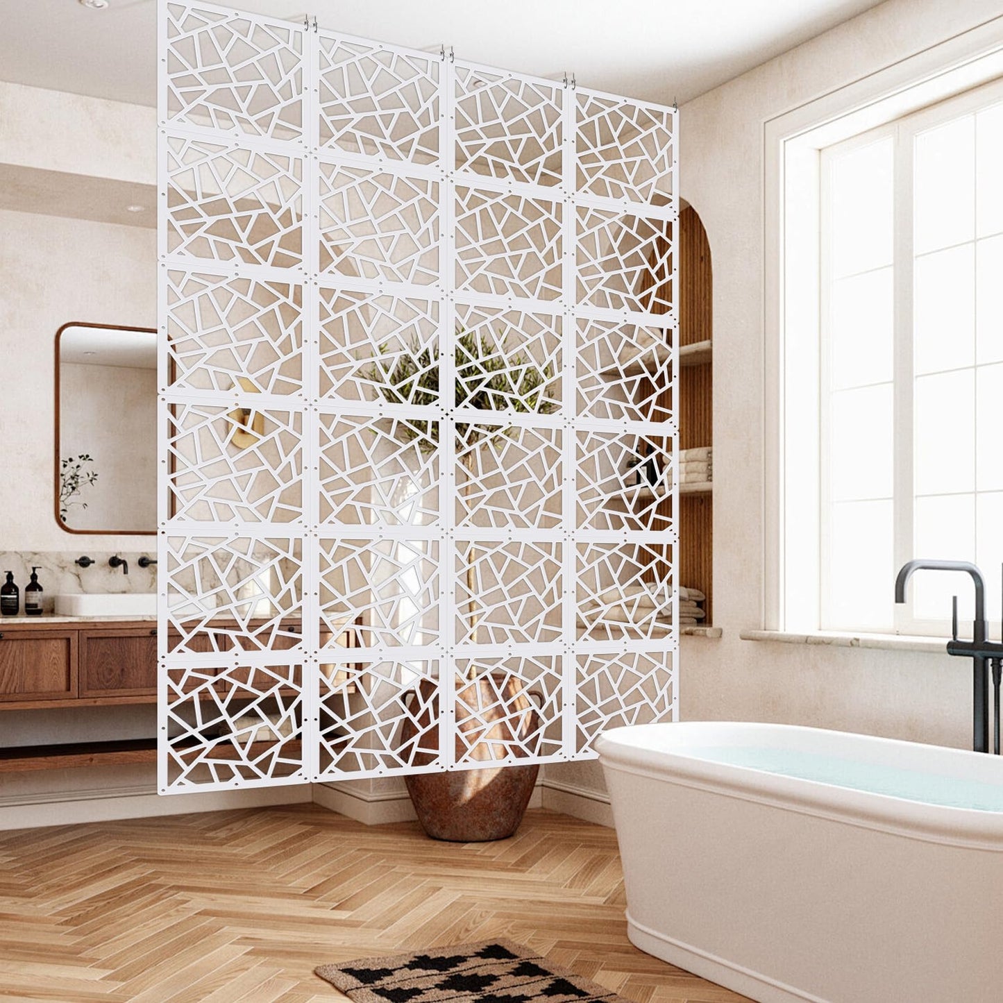 ANMINY 24 PCS Hanging Room Divider Decorative Thick Panels Floral Carving Wall Screen Hollow Out Design for Bedroom Living Dining Room Kitchen Office Restaurant Home Decor - White Geometric Patterns