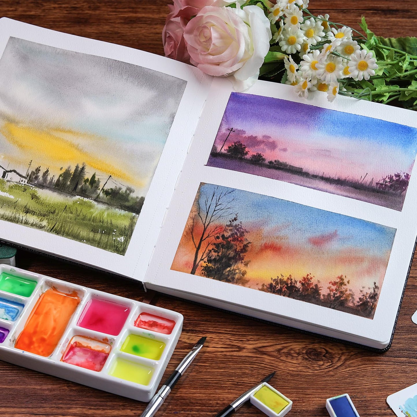 Watercolor Journal 8.3"x5.8"- 100% Cotton, 24 Sheets 48 Pages, 140LB/300GSM Cold Press, with Inner Pocket and Wide Elastic Band - Perfect for Watercolor, Gouache, Acrylic, Ink & Mixed Media