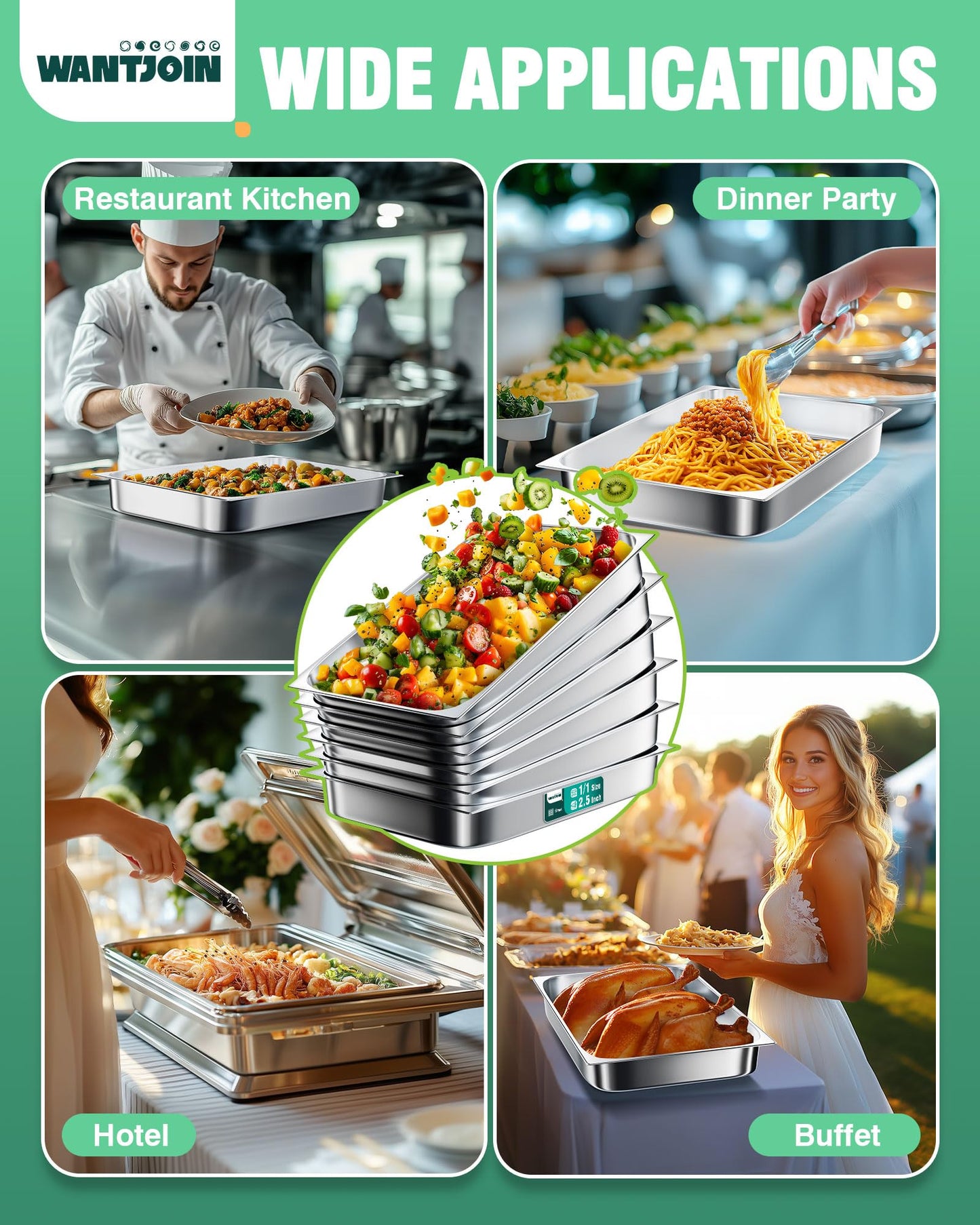 WantJoin Steam Table Hotel Pans 1/1 Full Size 2.5 Inch Deep 6 Pack, Stainless Steel Metal Tray Sets Food Storage Container for Restaurant Chafing Dishes Commercial Buffet Warmer Catering Supplies