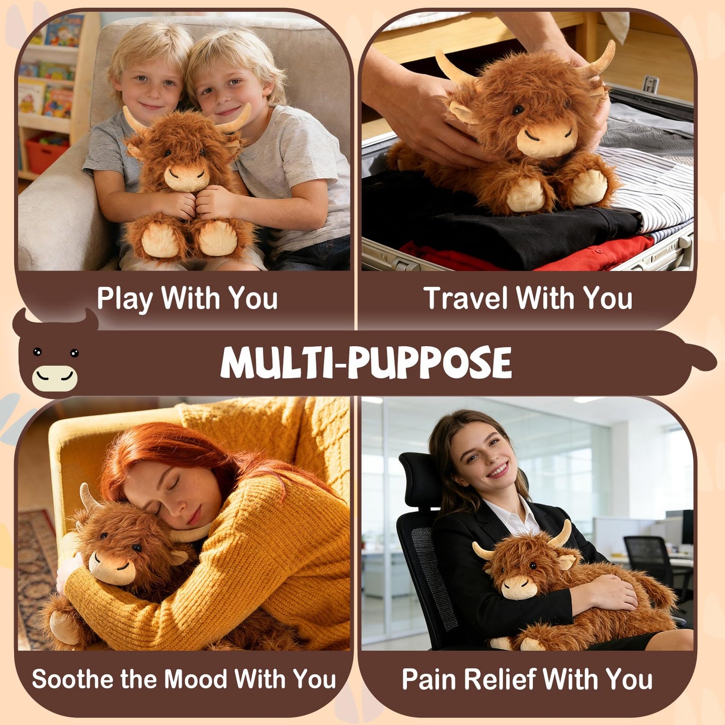 Highland Cow Stuffed Animals - Heatable Weighted Stuffed Animals, Lavender Scented Cow Plush for Sooth & Relax, Microwave Heating Pad for Period Cramps Pain & Stress Relief, Highland Cow Gifts （Brown）
