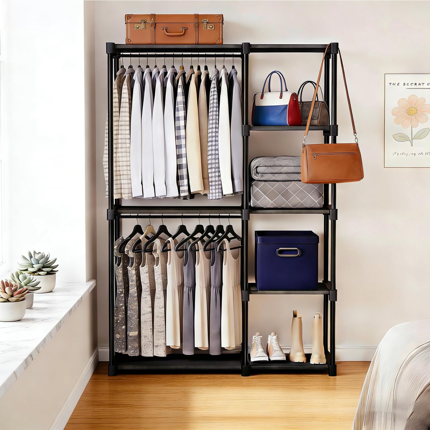Simple Deluxe Clothes Rack, Heavy Duty Clothing Rack, 4-Shelf Portable Adjustable Wardrobe Closet with Hanging Rods, 43.8" W x 15.7" D x 64.9" H, Black