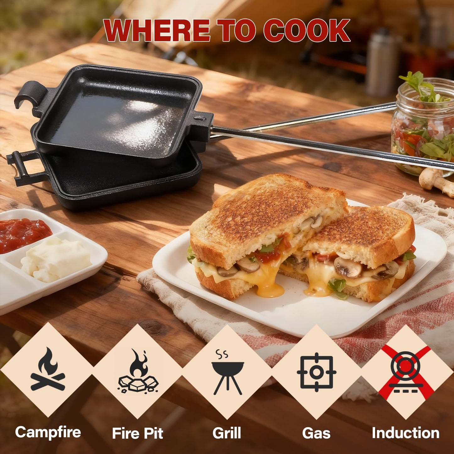 CASTIVO Mountain Pie Maker Cast Iron, Campfire Pie Iron, Hobo Pie Maker for Camping, 2-Pack