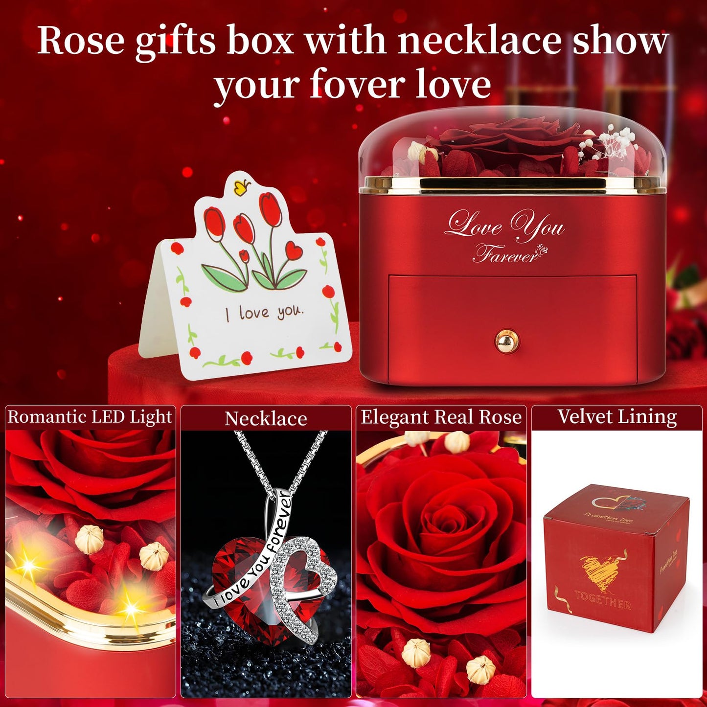 Lebana Preserved Red Real Rose with Heart Necklace for Mom Her Women Wife Girlfriend Grandma Gifts Idea on Christmas Valentines Mothers Day Christmas Anniversary Romantic-Red