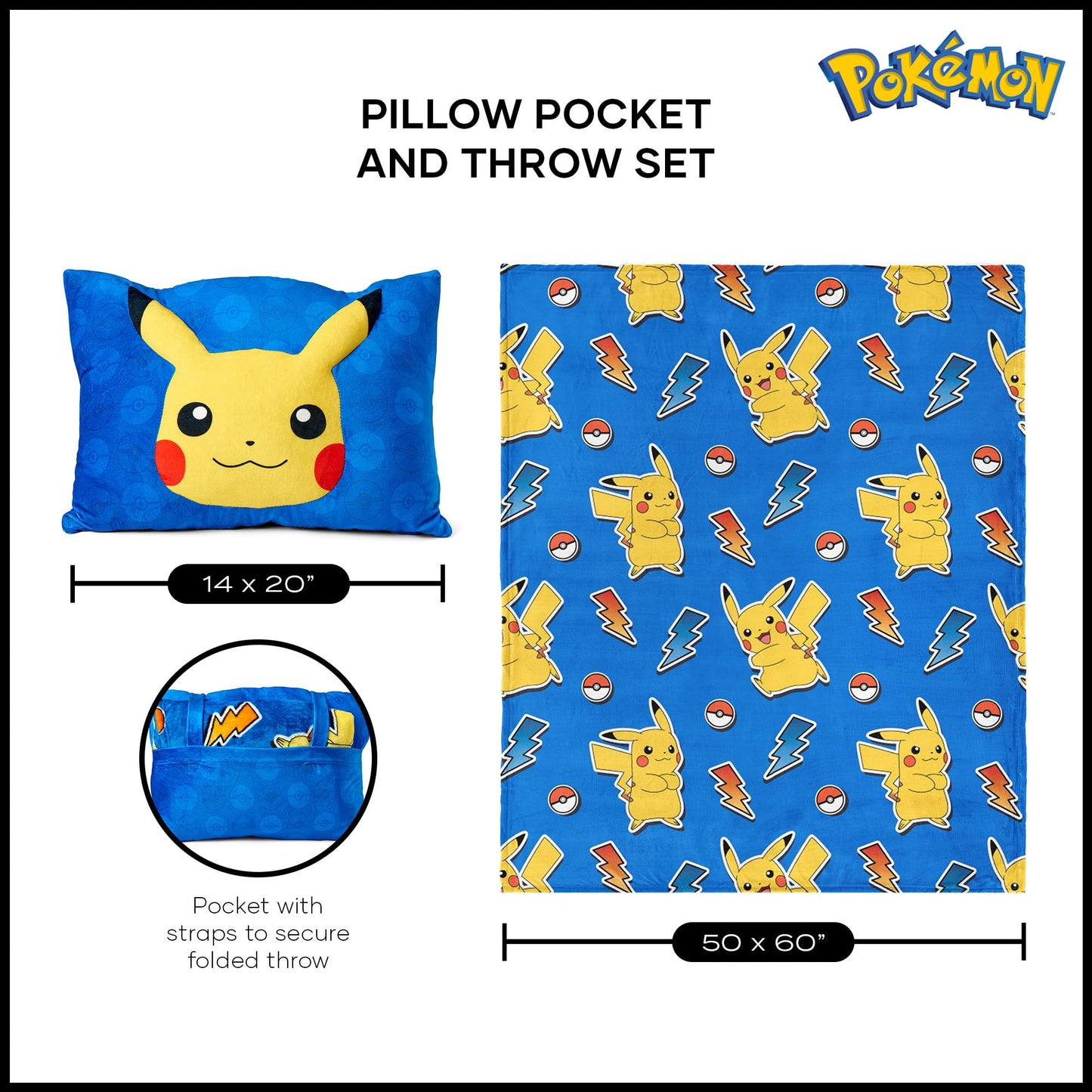 Northwest Pokémon Pika Pika Pikachu Plush Blanket 50" x 60" with 3D Plush Pocket Pillow 14" x 20" - Soft Pokemon Gifts for Boys and Girls- Comfy and Cozy Blanket Set