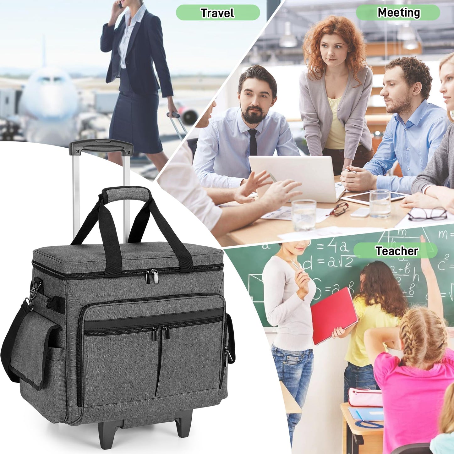 Trunab Rolling Teacher Bag with Expandable File Pocket and Detachable Trolley, Teacher Tote Bag with Wheels for up to 15.6 Inches Laptop (Patented Design) (Grey)