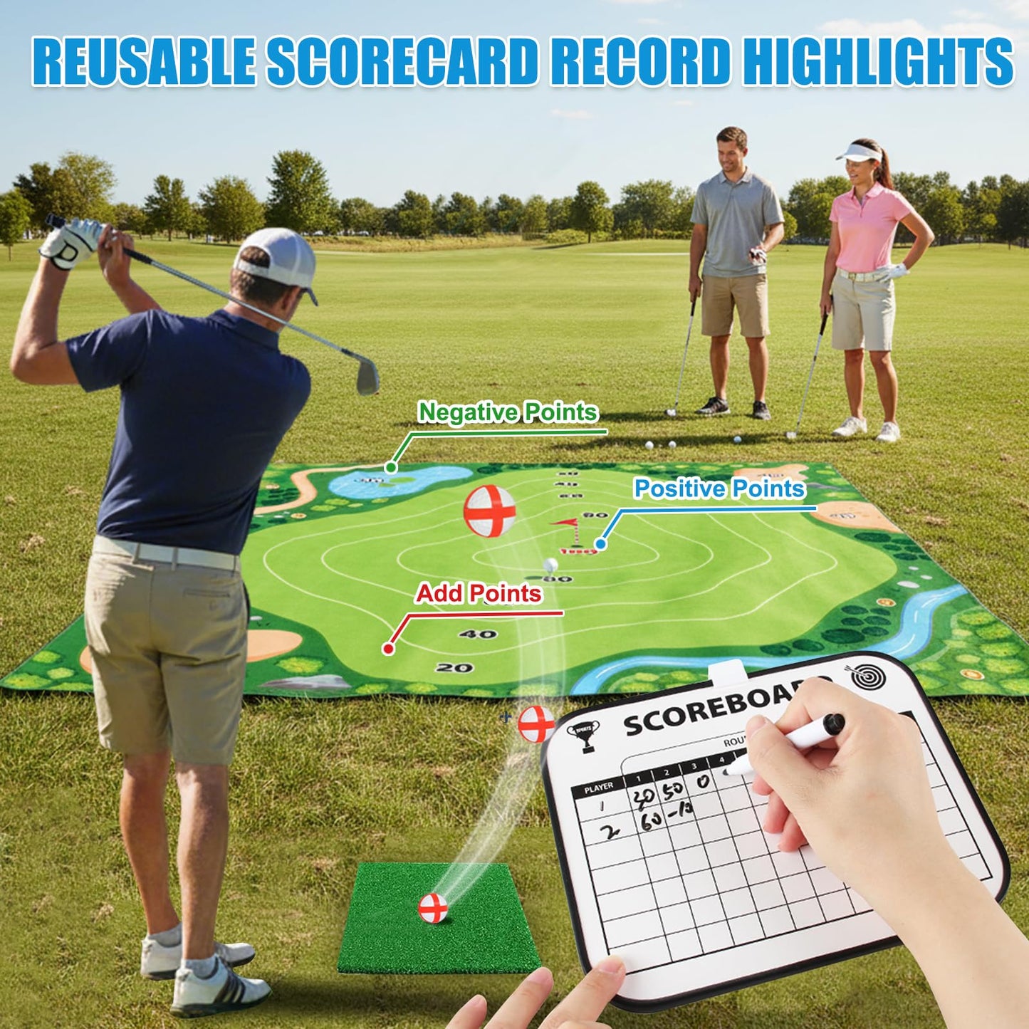ASTRAEA Golf Chipping Game, Golf Battle Game with Hitting Mat for Kids Adults Indoor and Outdoor, 60" x 60" Double Sided Practice Mat with 2 Clubs & 20 Sticky Balls for Backyard