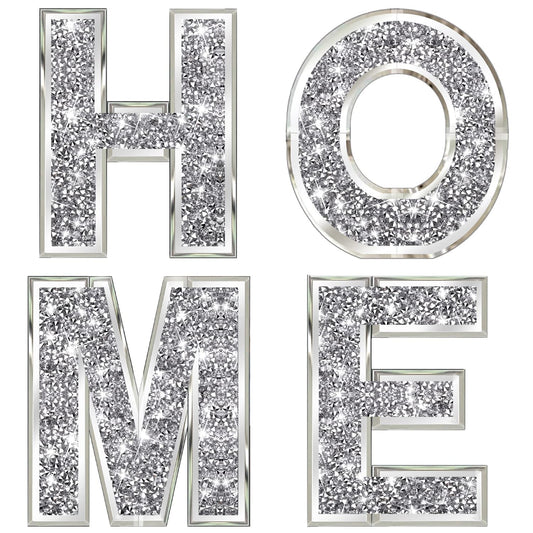 ZOLAPI 4 pcs Independent Letters Home.Glam Crystal Diamond Letters.Silver Mirror Glass Home Decoration for Wall, Fireplace, Bookshelf and Table.