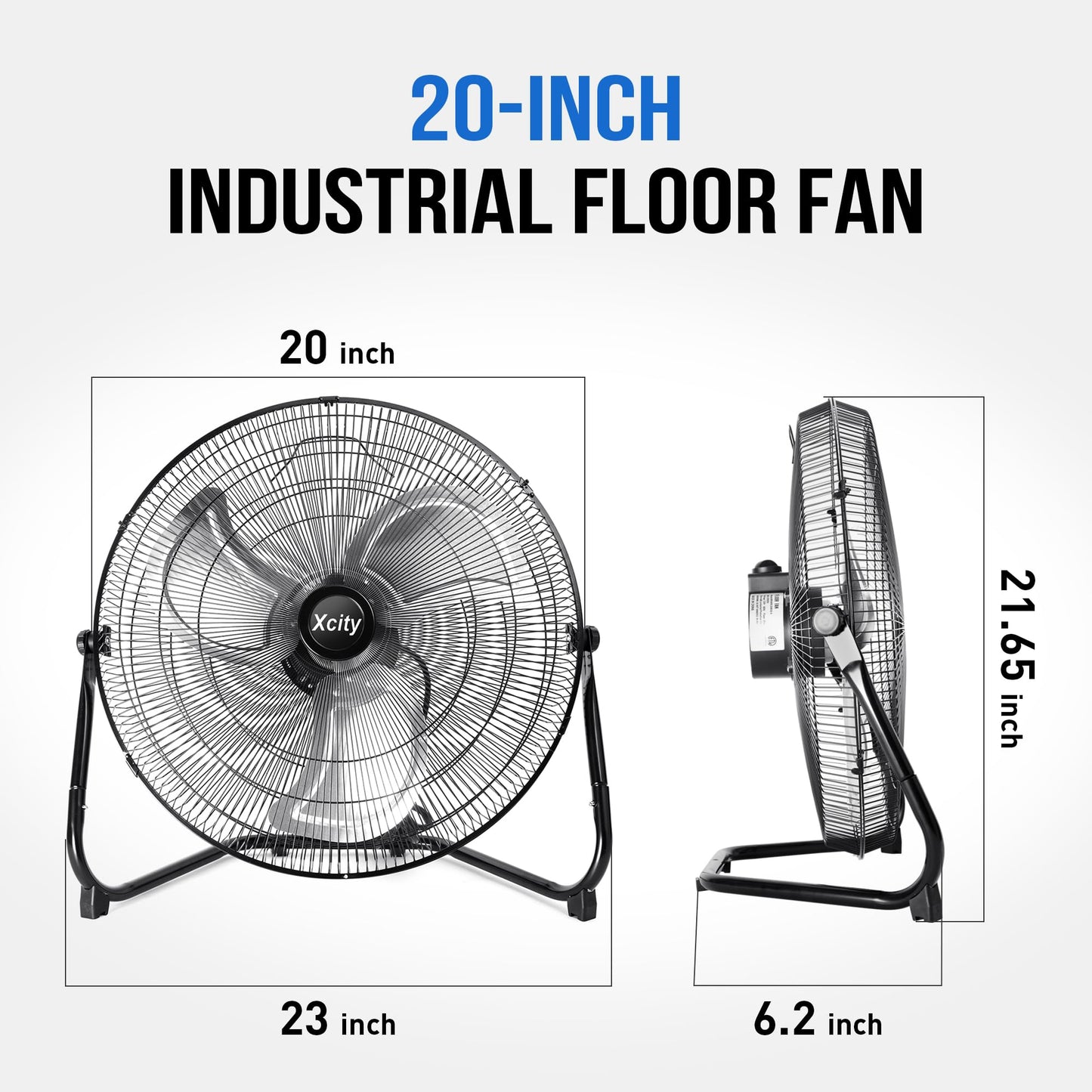Xcity 20-Inch Metal Floor Fan, High Velocity 4650 CFM Industrial Fan, 3-Speed & 360° Adjustable Tilt, Heavy Duty for Garage, Commercial, Warehouse, Office & Home