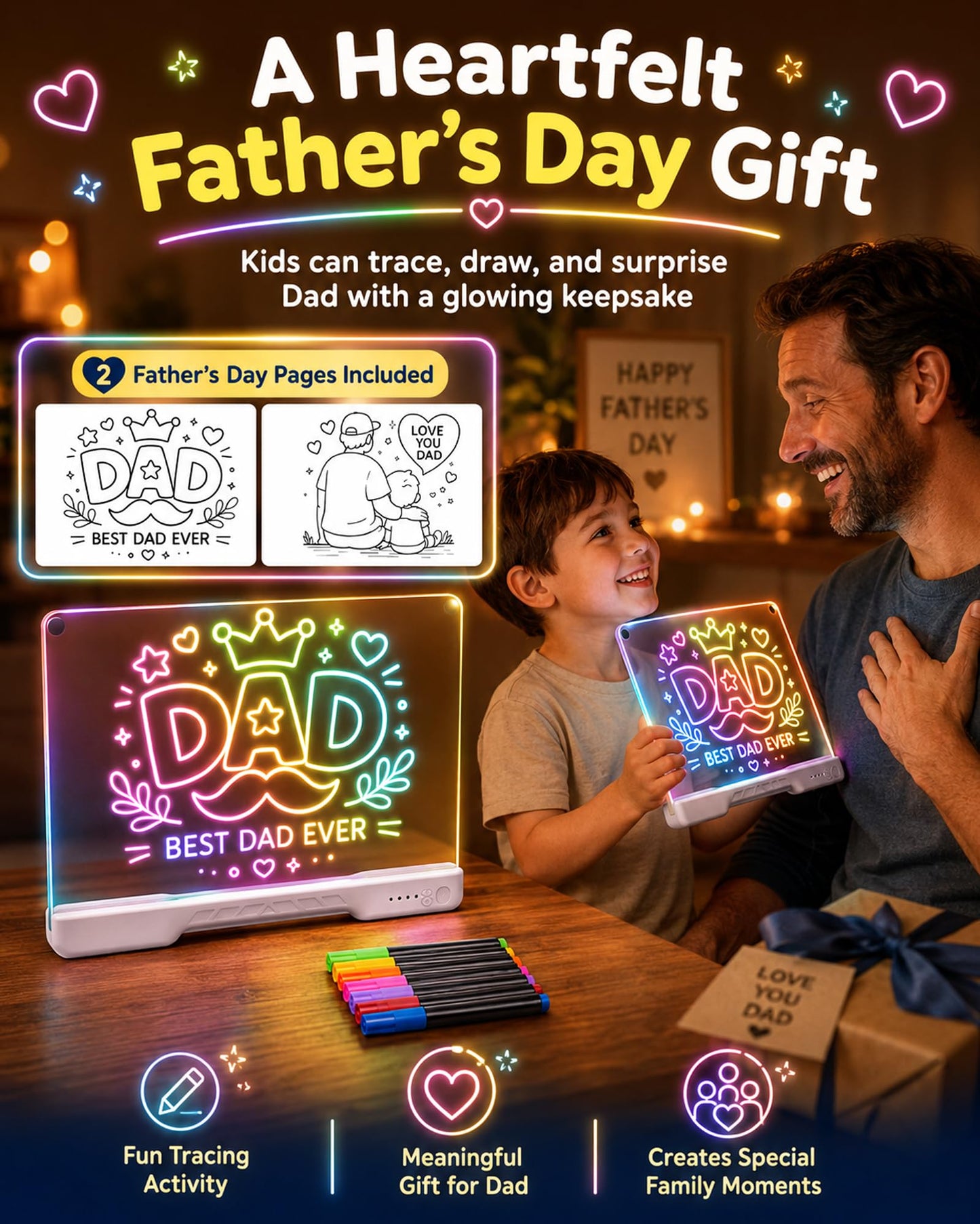 JoyRapt LED Drawing Board for Kids, 16 Inch Light Up Drawing Tablet with 7 Markers & Tracing Book, 3 Modes & 9 Brightness, Art and Craft Drawing Supplies, Girl Birthday Gifts, Room Decor Toys (White)