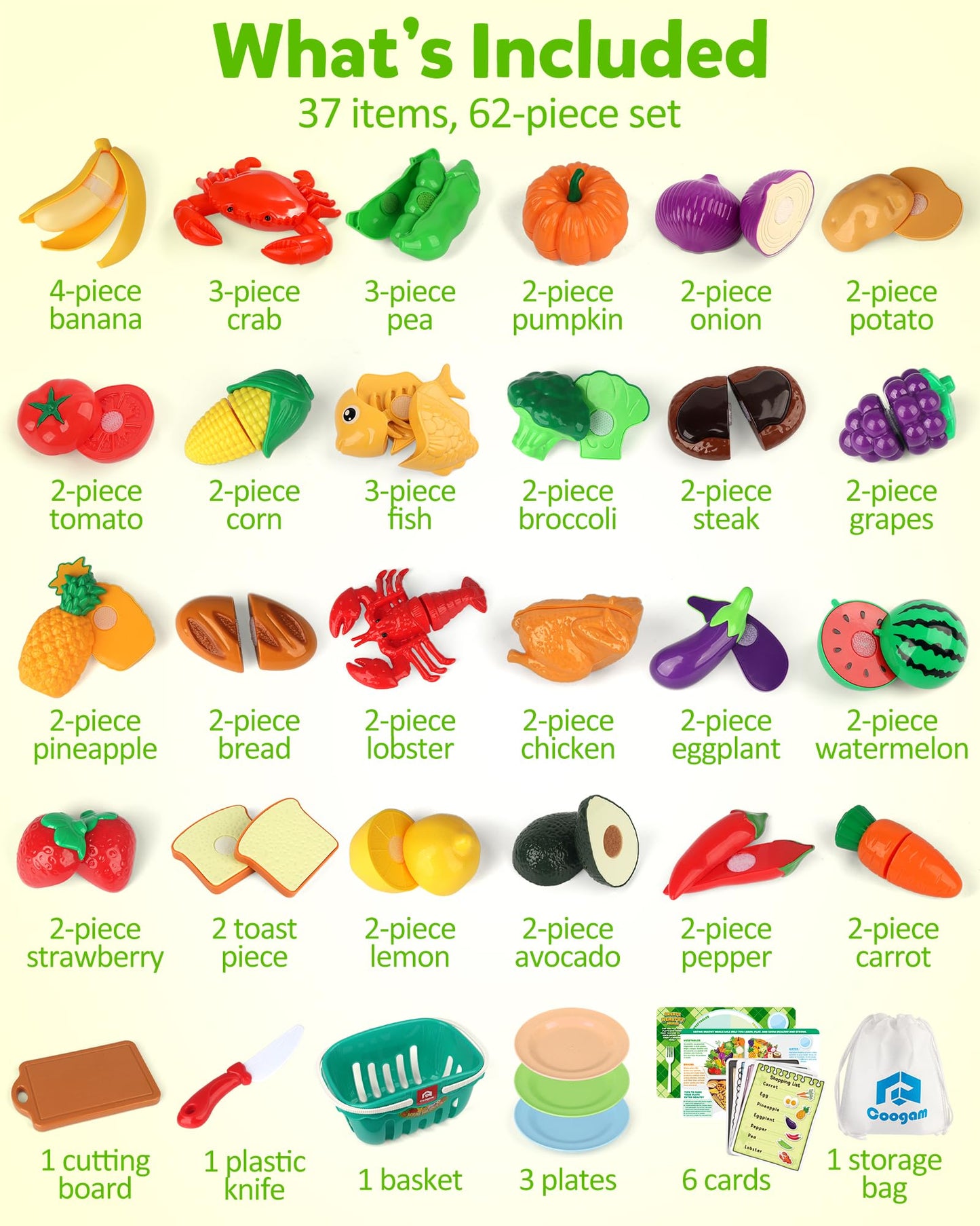 Coogam Pretend Play Food Set for Kids, Fake Fruits Meats Vegetables Balanced Meal Mixing and Cutting Toy, Play Kitchen Accessories with Shopping List, Educational Toy for 3 4 5 Years Old Kids