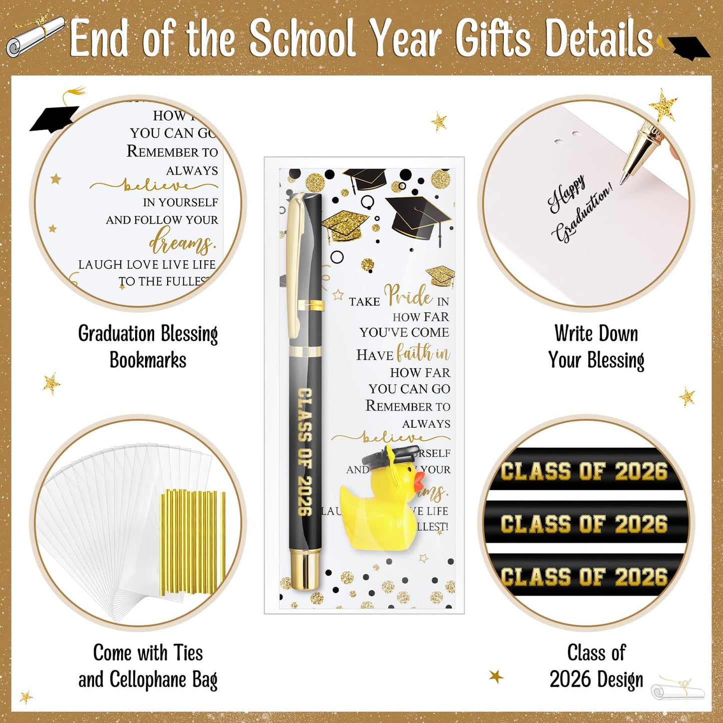 Sayglossy 30 Sets Graduation Gifts Bulk Class of 2026 Gel Ink Pen Mini Card Cap Yellow Resin Duck Graduation Party Favors End of Year Gift(Black)