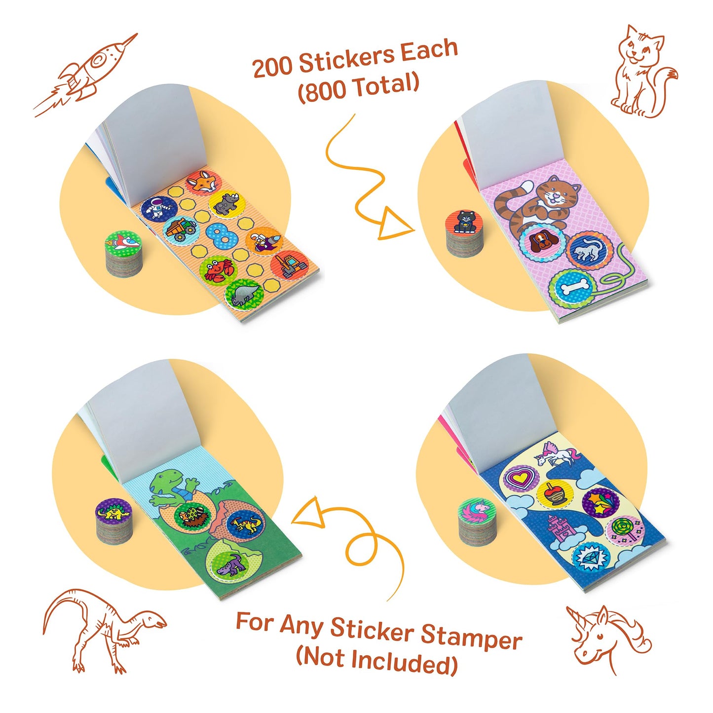 Melissa & Doug Sticker WOW! Mini Activity Pad & Refill Stickers 4-Pack—Dinosaur, Pets, Surprise Pack 1 & Favorite Things—800 Stickers for Sticker Stampers (not included) Arts & Crafts Toys for Kids 3+