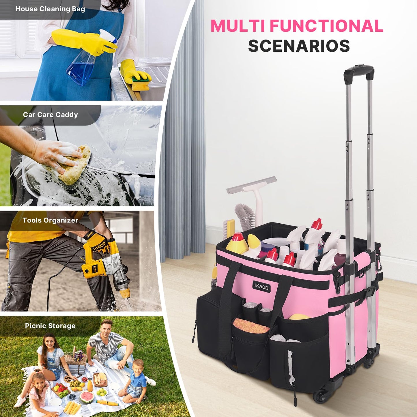 JKAOO Large Rolling Cleaning Caddy Bag with Detachable Trolley, Waterproof Cleaning Caddy on Wheels for Housekeepers, Cleaning Cart Supplies Organizer for Home,Car,Office,Picnic (Pink) (in Patent)