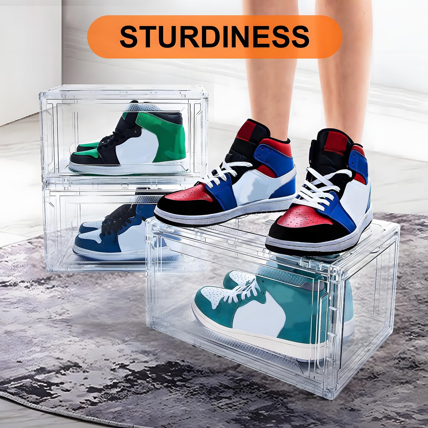 12 Pack Acrylic Clear Shoe Boxes– Ultra Clear Plastic Stackable Sneaker Storage For Sneakerhead. Professional Grade Shoe Display Case with Magnetic Door .Boots and Hat Organizer.Fits US Size 15
