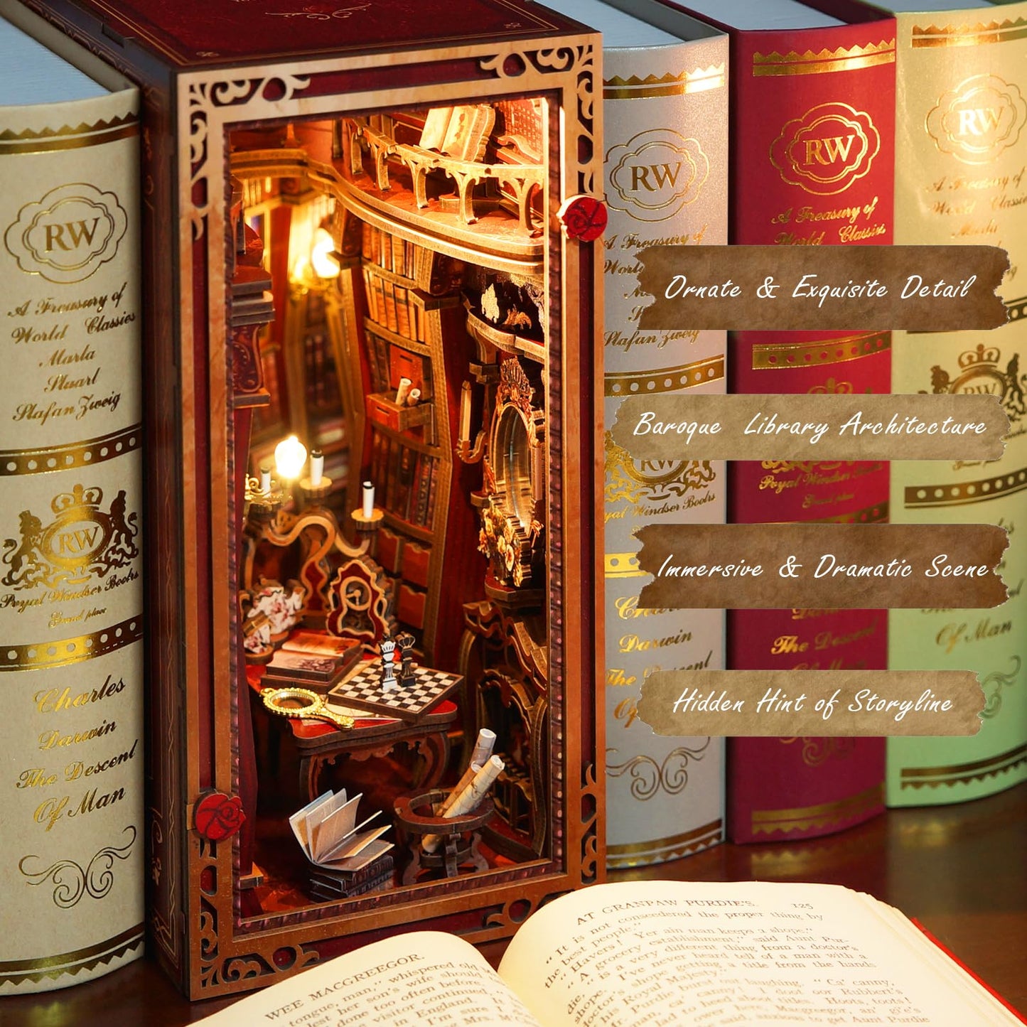 JOOHOUR DIY Book Nook Kit, Beauty and The Beast, Dollhouse Miniature, Booknook Bookshelf Insert Decor Alley 3D Wooden Puzzle, Bookends Model Building Kit with LED Light for Adults, Enchanted Library
