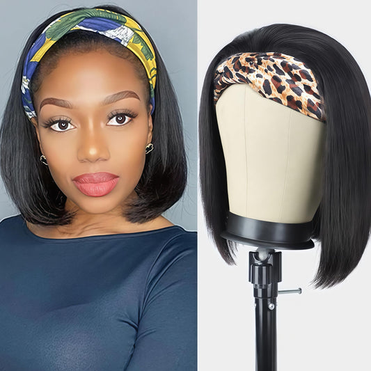 Comfair Headband Wig Human Hair Bob Short Straight Human Hair Headband Wig Wear And Go Glueless Wigs 180% Density None Lace Natural Color Bob Short Human Hair Wigs for Black Women