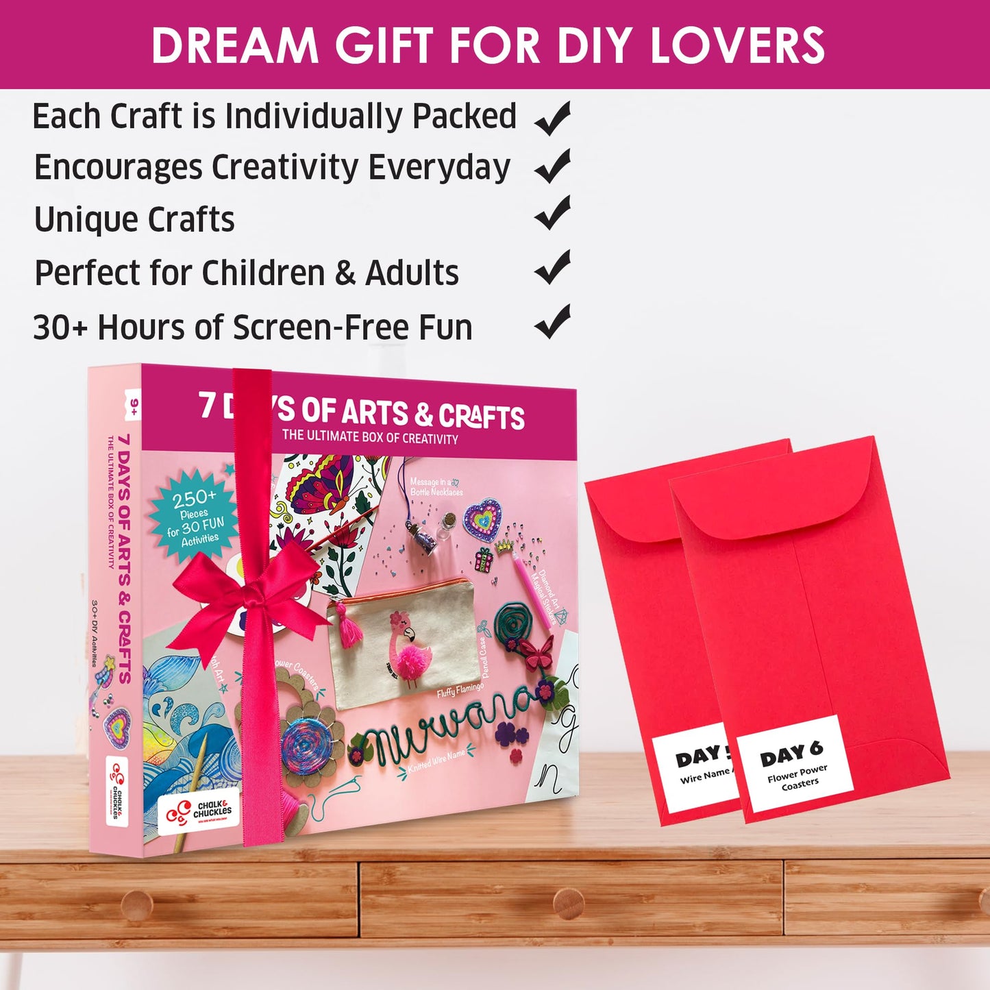 Chalk and Chuckles 7 Days of Art and Craft Kit for Kids 9-12, 30 DIY Activities-Diamond Art Stickers, Painting, Scratch Art and More, Perfect Gifts for Girls, Boys 8 Years and Up