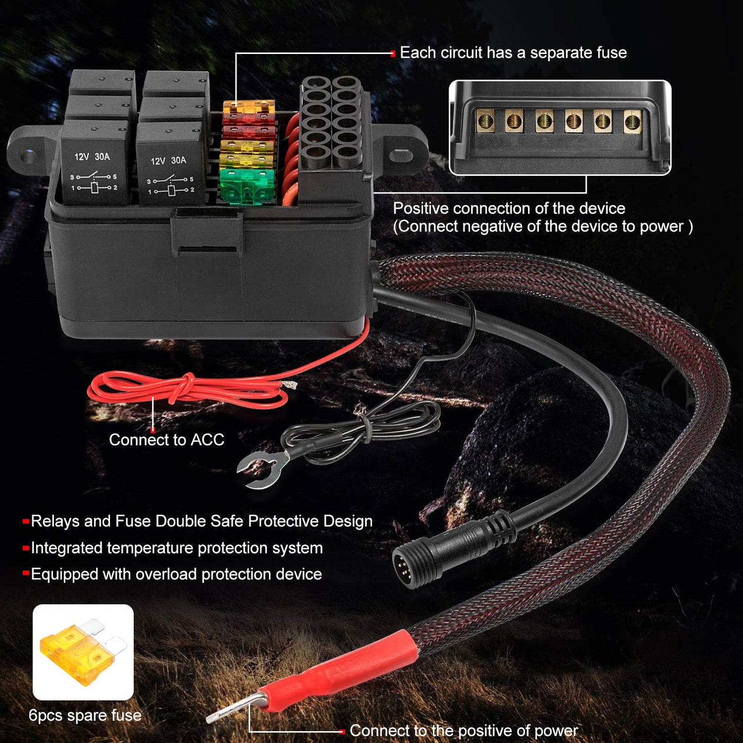 6 Gang Switch Panel, Auto Power Plus Automatic Dimmable Switch Pod Panel Circuit Control Box Relay System Universal Touch Switch Box with Harness Label Sticker for Car Marine Boat ATV UTV Truck