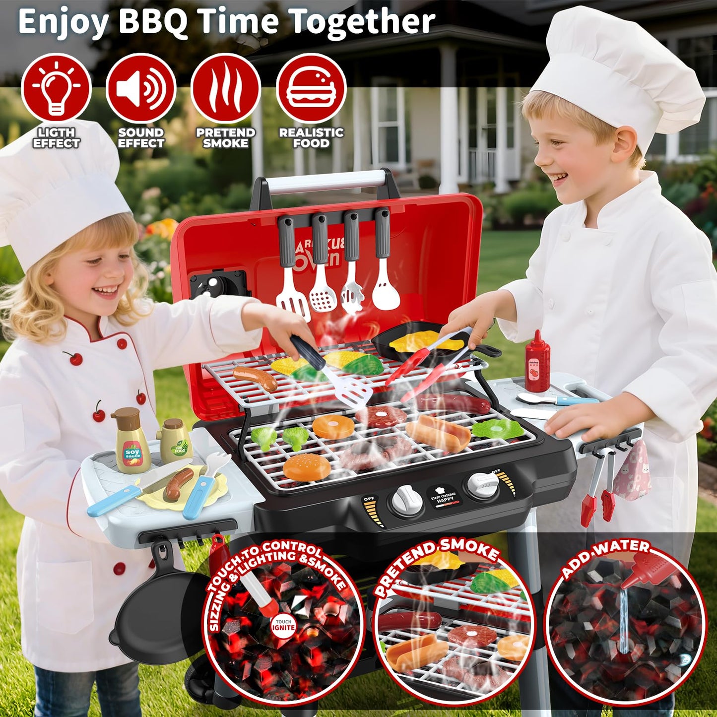 Kids Play Kitchen Toys, Kids BBQ Grill Playset with Smoke Sound Light, 2-Layer Barbecue Toy with Wheel, Outdoor Play Grill Toys for Toddlers 3-5, Play Food Toys Cooking Set, Birthday Gift for Boy Girl