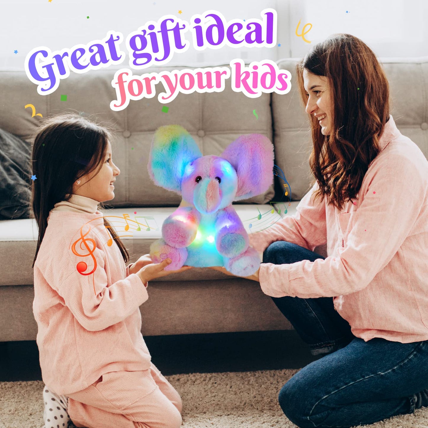 Glow Guards 12’’ Peek-A-Boo Light up Musical Electric Elephant Rainbow Plush Soft Toy Stuffed Animal Lullaby Night Light Interactive Hide and Seek Game Talking Doll Christmas Holiday Birthday Gifts for Toddler Kids