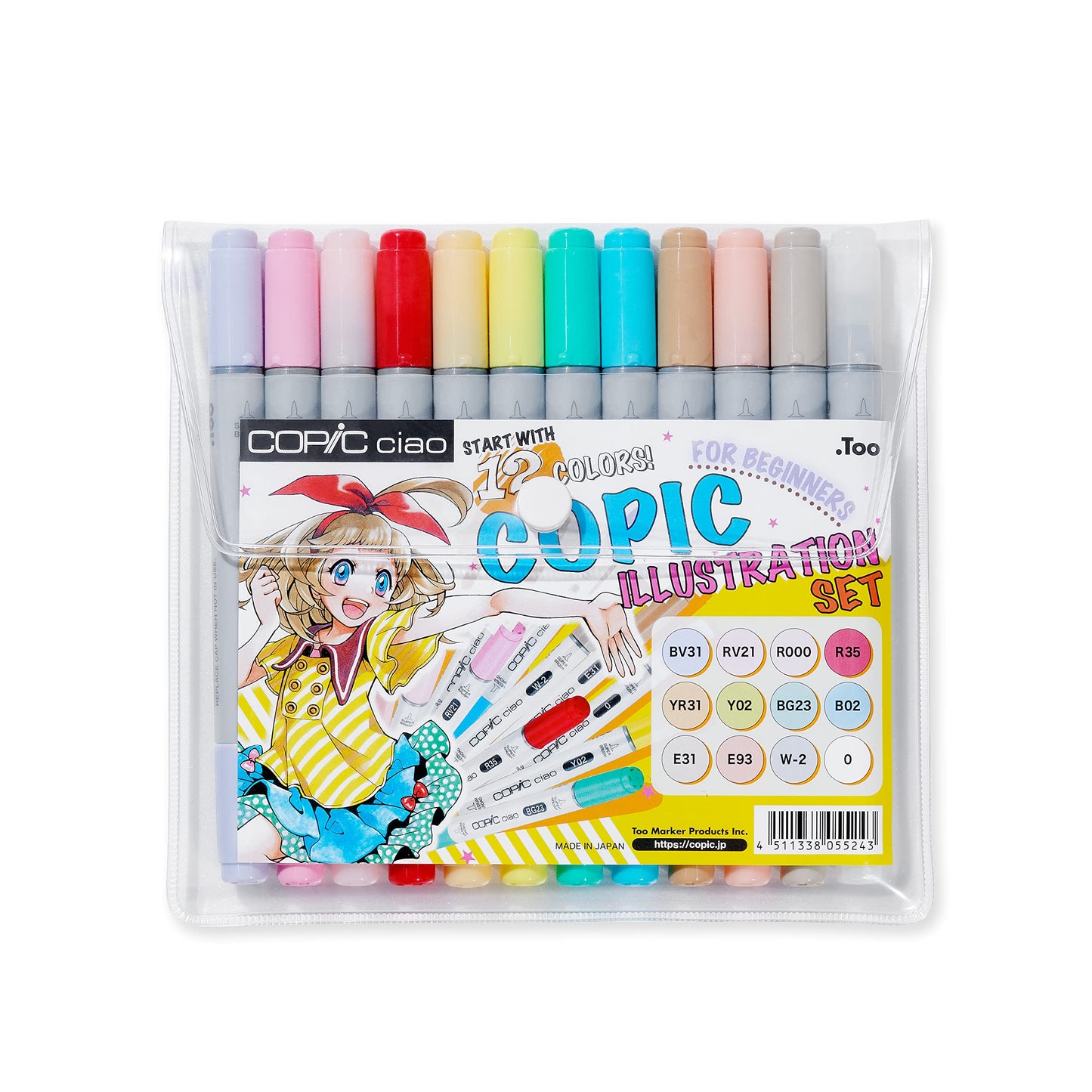 Copic Ciao Illustration Book Bundle Set, Alcohol-Based Markers (12 pcs) with an Instruction Book