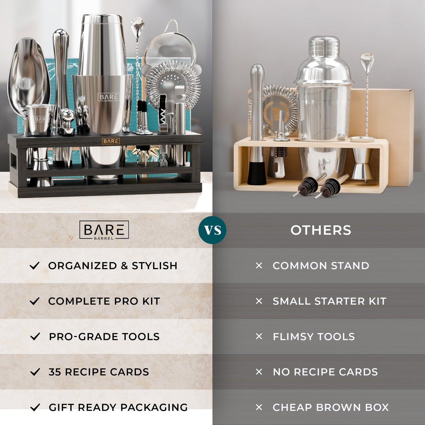 BARE BARREL® Mixology Bartender Kit Bar Set | 16-Piece Cocktail Shaker Set | Martini Barware Mixing Tools for Home Bartending | Incl. 35 Recipe Cards | Gift Set (28oz Boston Shaker, Silver/Black)