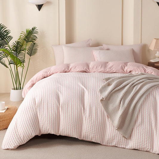 BUPIRD Pink Comforter Set Queen Size Striped 100% Soft Washed Microfiber Jacquard 3 Pieces Striped Bedding Sets Pink White Comforter Queen for All Seasons and 2 Pillowcases Comfort Breathable