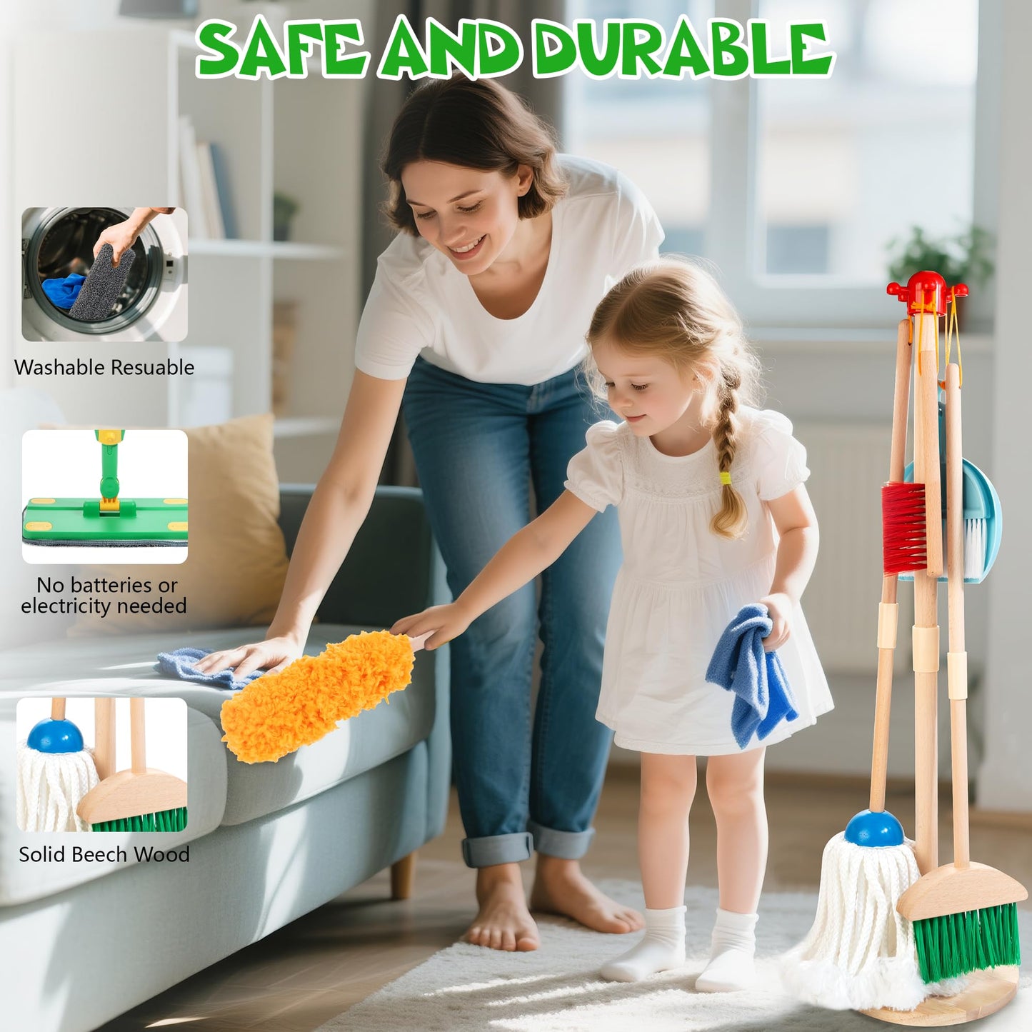 WOODMAM Wooden Kids Cleaning Set with Spray Mop, Montessori Cleaning Toys Real Water Sprayer and Toddler Broom Mop Set, Housework Pretend Play Toy Gift for Boys Girls Ages 3+