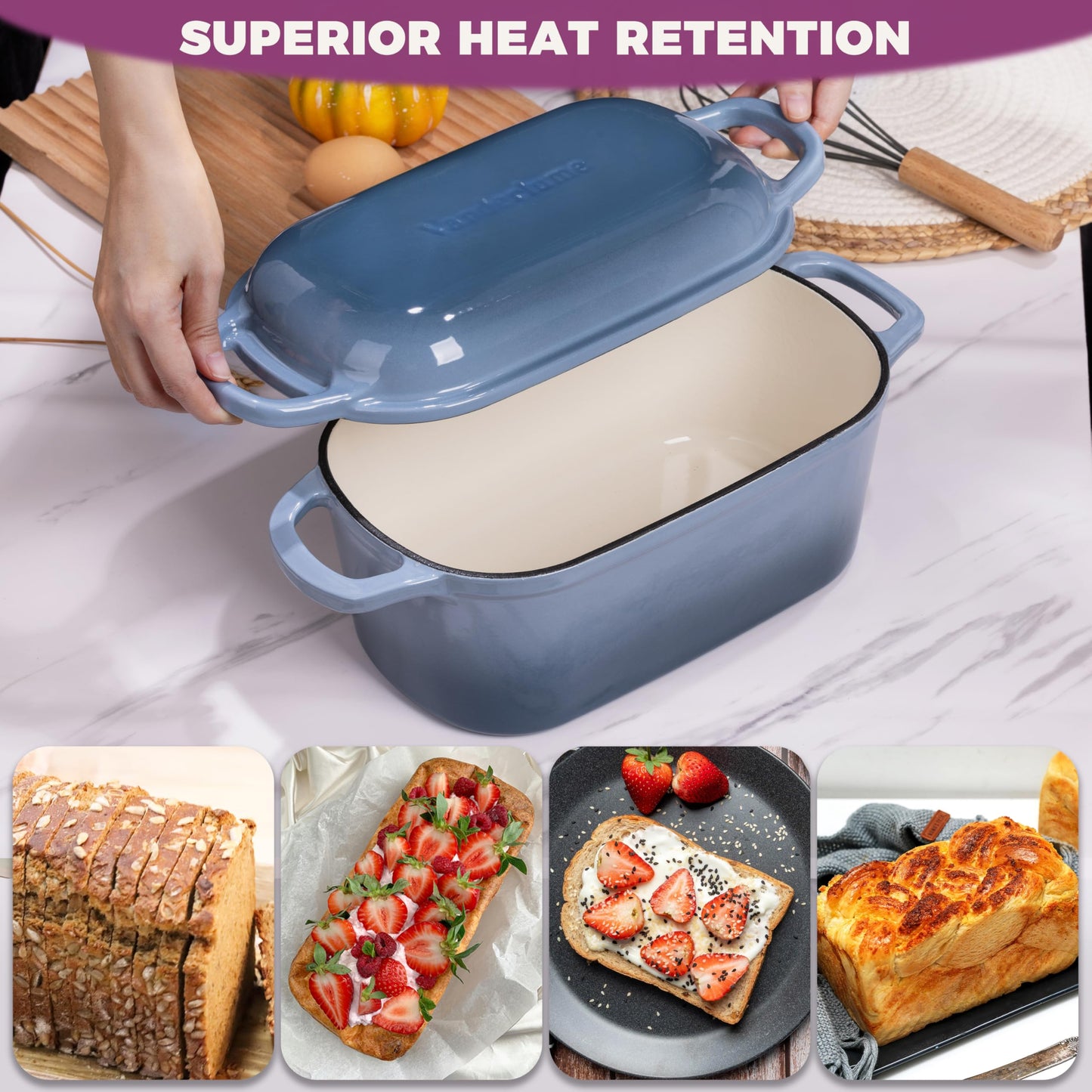 Vanderlume 4.6-Quart Oval Dutch Oven for Bread Baking, 2 in 1 Enameled Cast Iron Bread Pan with Lid, Sourdough Baking Pan for a Crispy Crust, Seasalt