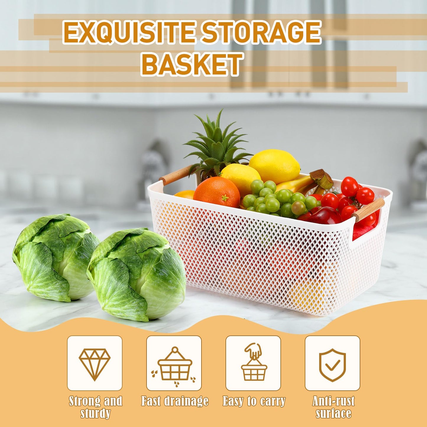 Tioncy 4 Pcs White Mesh Baskets with Wooden Handles Plastic Storage Organizer Baskets Pantry Basket Fruit Vegetables Gathering Basket Bin for Organizing Cabinet Closet Bedroom Kitchen(Large)