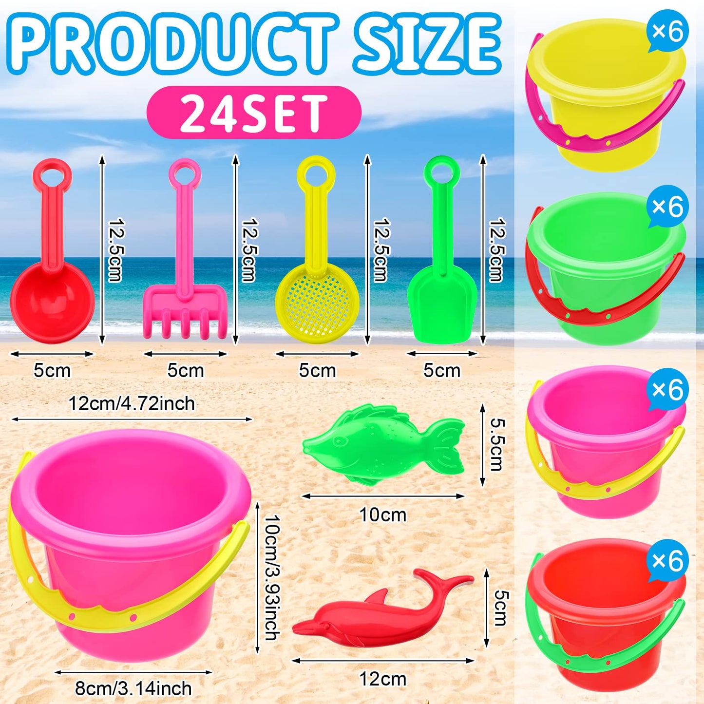 Jexine 96pcs Beach Party Favors for Kid 24 Set Sand Buckets and Shovels for Bucket Party Favor Sand Box Play Set and Mini Beach Pail Includes Shovel, Rake, Scoop Summer Outdoor Toys for Toddlers