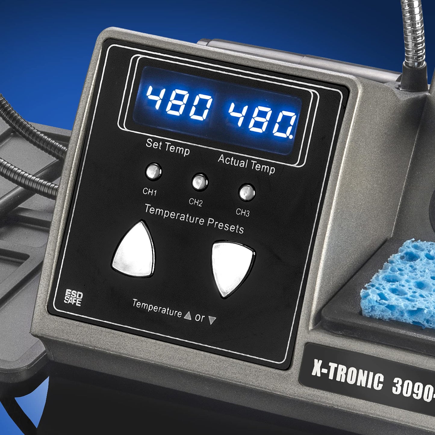 X-Tronic 3090-PRO-X – 75 W Soldering Iron Station – 5 Extra Tips, 2 LED Displays, Sleep Func, C/F, 3 Temp Presets, Mini Mag Lamp, 4 Helping Hands, Solder Sucker, Tweezers, Solder, Brass & Wet Sponges