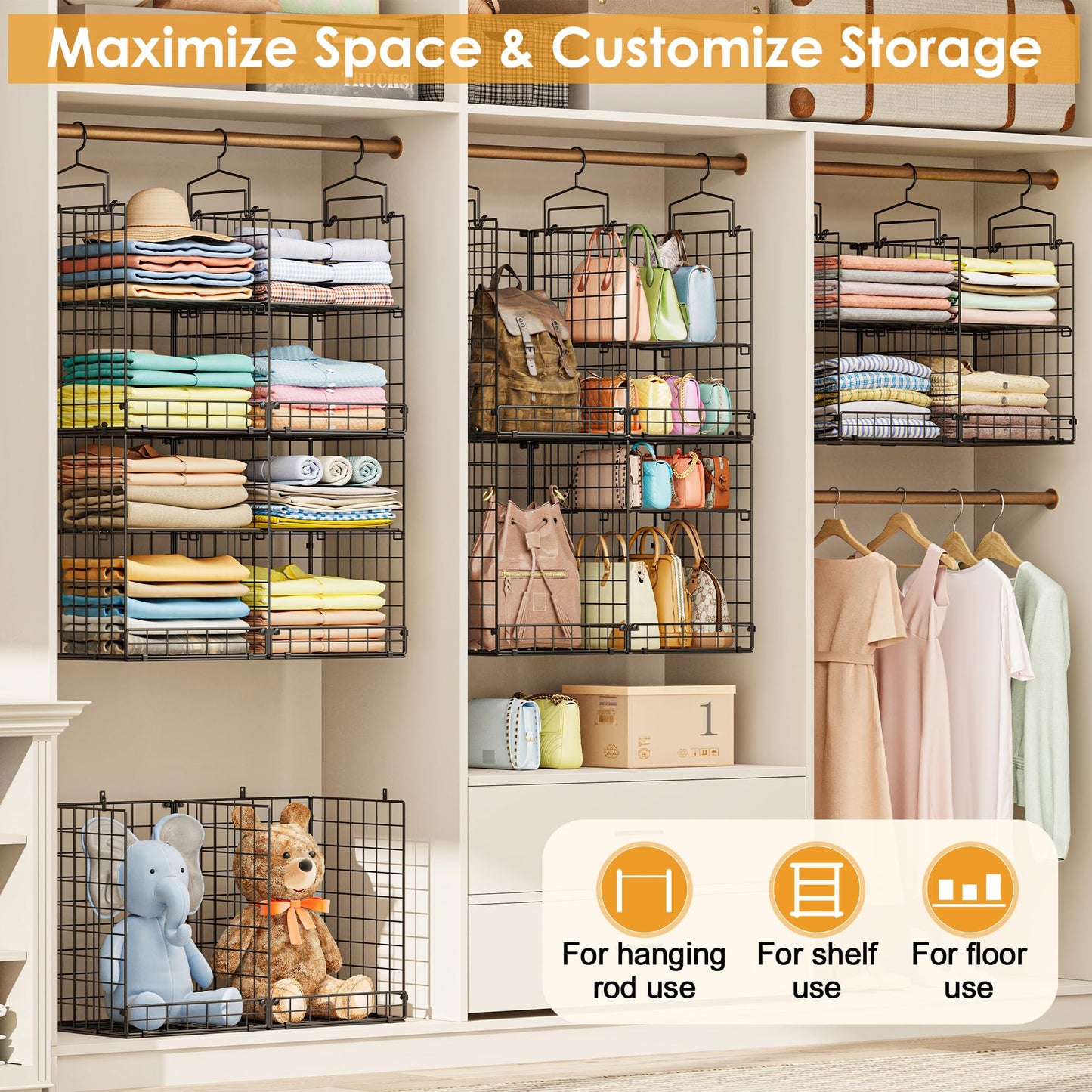 Hanging Closet Organizer with DIY Spacing, Double-Row Closet Hanging Shelves with 4 Adjustable Dividers & 6 Hooks, Heavy Duty Metal Closet Storage Organizer with Front Guard, Split into 2 Units