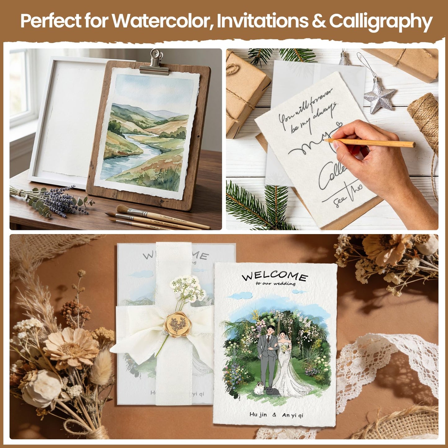 Deckled Edge Paper 5x7, 50 Sheets Handmade Watercolor Paper with Vellum Jackets for 5x7 Invitations, 300 GSM Natural Textured Paper, Rough Cotton Paper for Calligraphy, Painting & Craft Projects