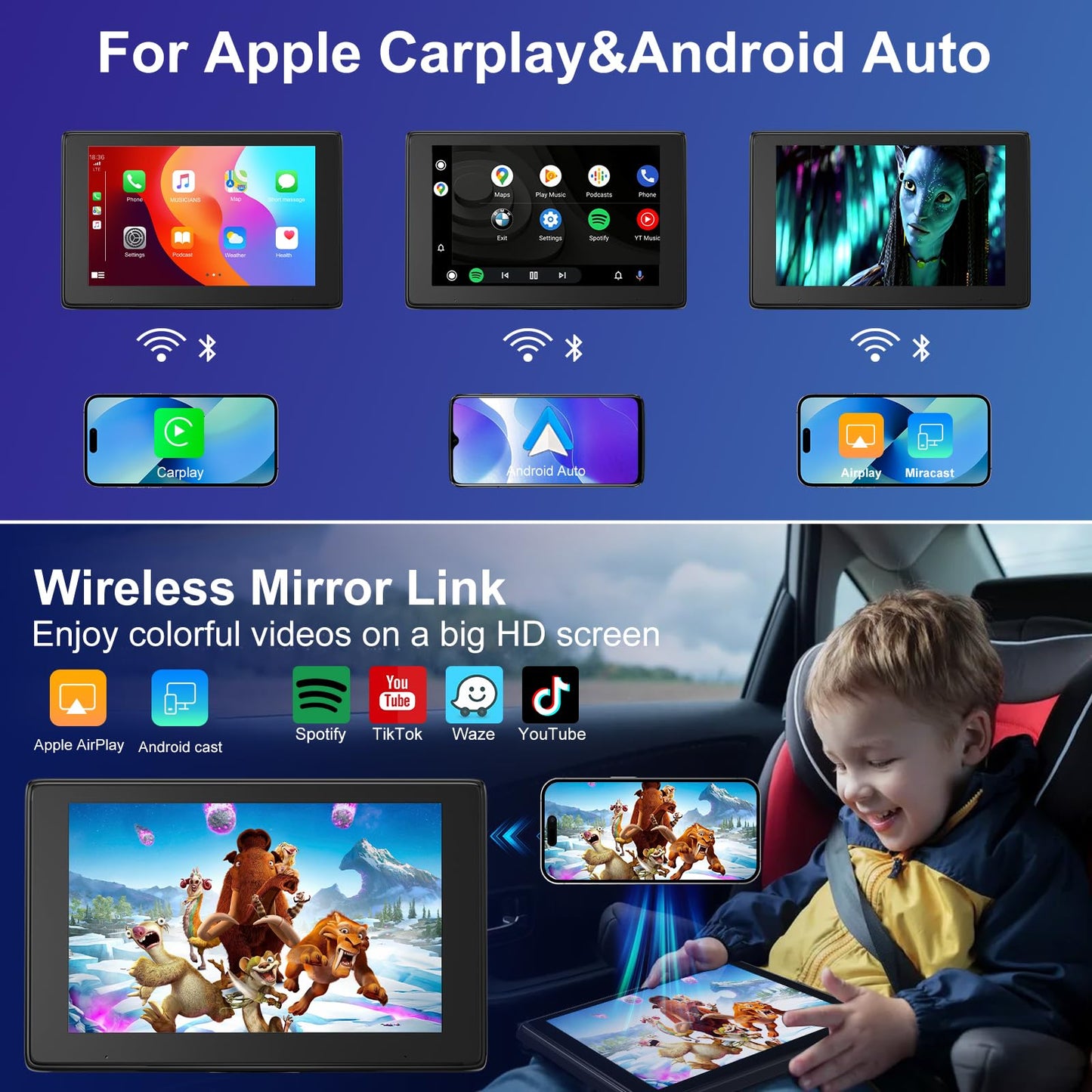 10.1" CarPlay Screen for Larger Vehicles - Wireless Car Stereo Touchscreen for Apple Carplay & Android Auto, 4K Dash Cam, HD Backup Camera, GPS, Mirror Link, Siri, BT, AUX-Ideal for SUVs, Trucks, Vans
