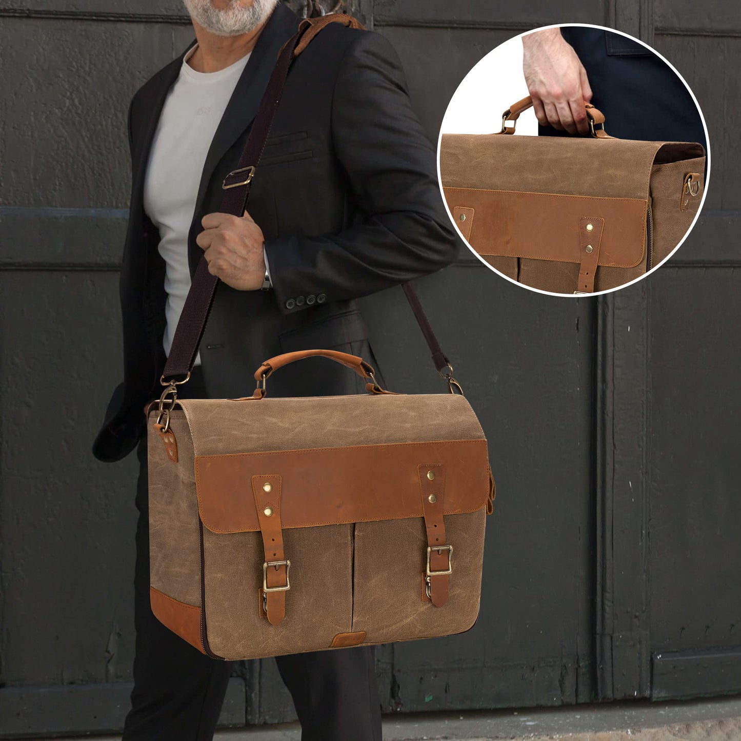 LoDrid Vintage Bartender Kit Bag with Flexible Compartments for Wine, Leather Waxed Canvas Bartender Bag with Removable Dividers, Bar Bag with Handle and Shoulder Strap, Bag Only, Patent Design
